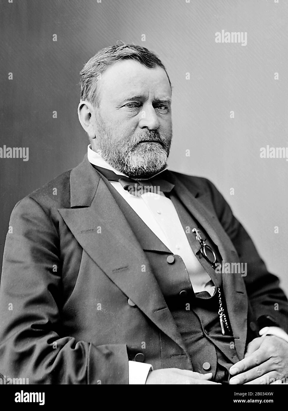 Ulysses S. Grant (born Hiram Ulysses Grant; April 27, 1822 – July 23, 1885) was the 18th President of the United States (1869–77). As Commanding General of the United States Army (1864–69), Grant worked closely with President Abraham Lincoln to lead the Union Army to victory over the Confederacy in the American Civil War.  He implemented Congressional Reconstruction, often at odds with Lincoln's successor, Andrew Johnson. Twice elected president, Grant led the Republicans in their effort to remove the vestiges of Confederate nationalism and slavery, protect African-American citizenship, and su Stock Photo