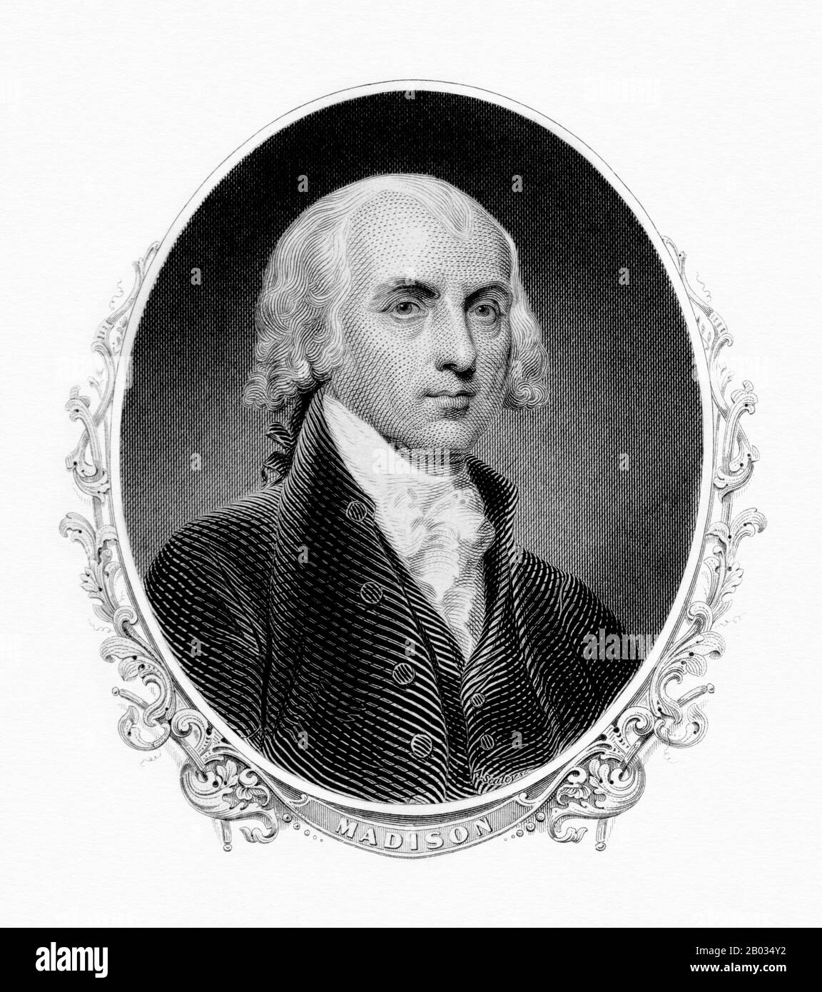 James Madison, Jr. (March 16, 1751 – June 28, 1836) was a political theorist, American statesman, and the fourth President of the United States (1809–17).  He is hailed as the 'Father of the Constitution' for his pivotal role in drafting and promoting the U.S. Constitution and the Bill of Rights. Stock Photo