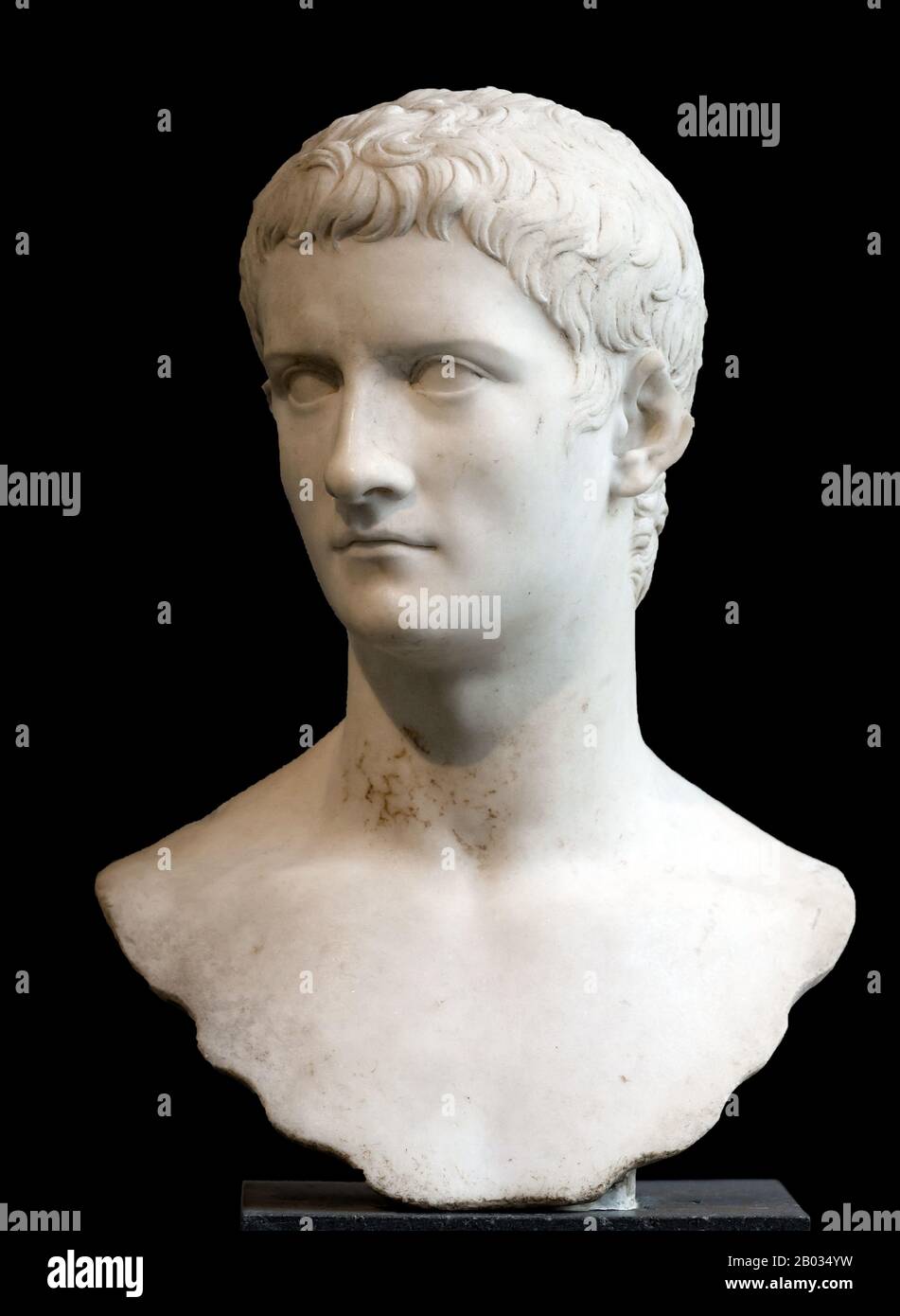 Born Gaius Julius Caesar Germanicus, Caligula was the nephew and adopted son of Emperor Tiberius, making him part of the Julio-Claudian dynasty. He earned the nickname 'Caligula' (little solder's boot) while accompanying his father, Germanicus, during his campaigns in Germania.  His mother, Agrippina the Elder, became entangled in a deadly feud with Emperor Tiberius that resulted in the destruction of her family and leaving Caligula the sole male survivor. After Tiberius' death in 37 CE, Caligula succeeded his grand uncle as emperor. Surviving sources of his reign are few and far between, but Stock Photo