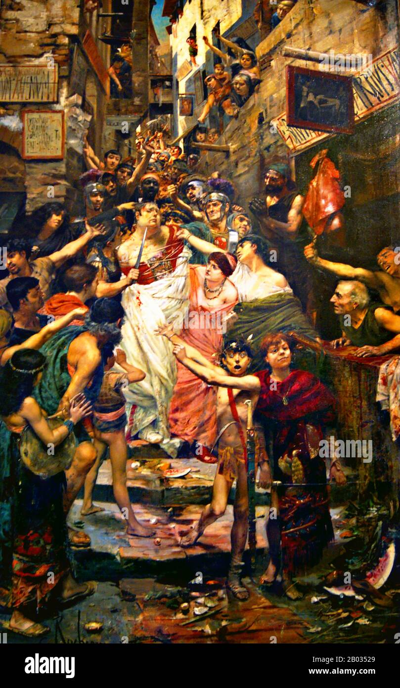 The third of the emperors to rule during the tumultuous Year of the Four Emperors, Vitellius first started his career as Consul in 48 CE, and was eventually given command of the armies of Germania Inferior by Emperor Galba. From there he began his bid for power against Galba and the other claimants.  He successfully led a military revolution against Galba's successor Otho in 69 CE, marching into Rome and becoming Emperor, though he was never acknowledged as such in the entire Roman world. His men were said to be licentious and rough, with Rome becoming embroiled in massacres and riots, decaden Stock Photo