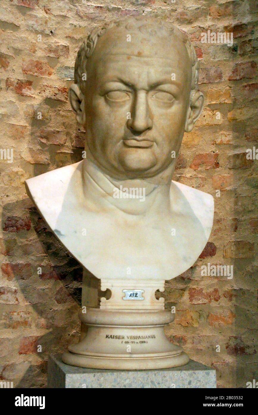 From an equestrian family that rose to senatorial rank under the Julio-Claudian dyansty, Vespasianus - as he was then called - earned much renown through his military record. He first served during the Roman invasion of Britain in 43 CE, and was later sent by Emperor Nero to conquer Judea in 66 CE, during the Jewish rebellion.  During his siege of Jerusalem, news came to him of Nero's suicide and the tumultuous civil war that happened afterwards, later known as the Year of the Four Emperors. When Vitellius became the third emperor in April 69, the Roman legions of Egypt and Judea declared Vesp Stock Photo