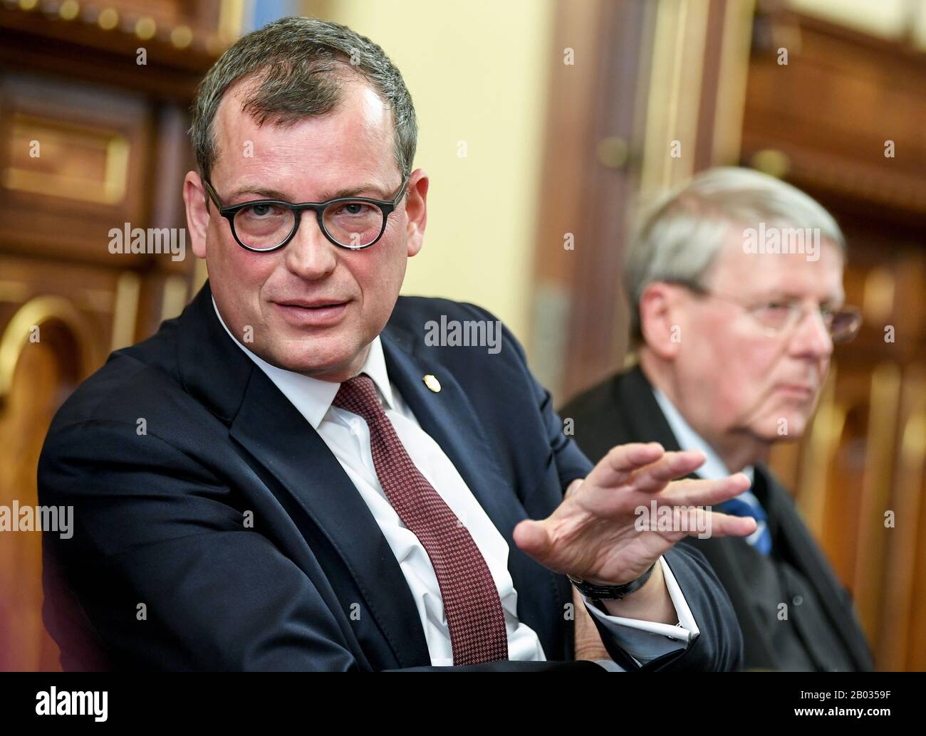 18 February 2020, Berlin: Gerald Haug (l), climate researcher, and Jörg Hacker, President Leopoldina, inform about the transfer of office of the National Academy of Sciences Leopoldina. Haug is to become the new president of the scientific-medical scholarly society. Photo: Britta Pedersen/dpa-Zentralbild/dpa Stock Photo