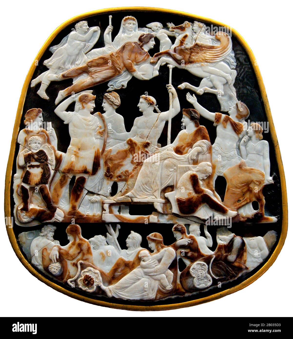 The largest Roman imperial cameo to have survived, the Great Cameo of France is engraved with fwenty-four figures from the Julio-Claudian dynasty.  The upper levels of the cameo show deceased and/or deified members of the dynasty, such as Divus Augustus (Augustus Caesar), Drusus the Younger (son of Tiberius Caesar) and Drusus the Elder (brother of Tiberius Caesar). The middle tier shows Tiberius Caesar alongside his mother Livia Drusilla (wife of Augustus Caesar) and his designated heir Germanicus. Behind Tiberius and Livius are Claudius Caesar (who was emperor when the cameo was made) and his Stock Photo