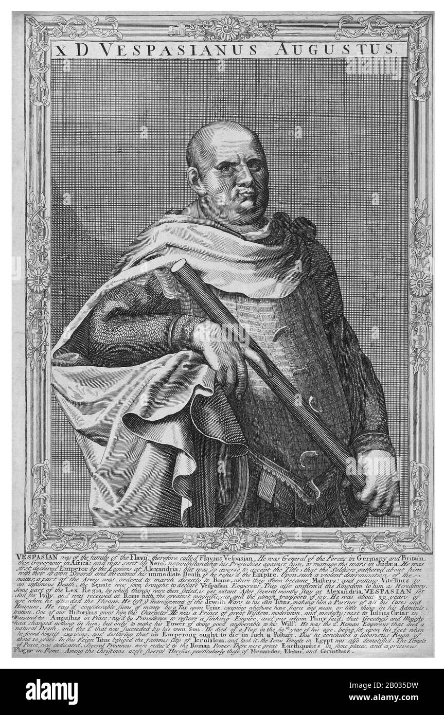 From an equestrian family that rose to senatorial rank under the Julio-Claudian dyansty, Vespasianus - as he was then called - earned much renown through his military record. He first served during the Roman invasion of Britain in 43 CE, and was later sent by Emperor Nero to conquer Judea in 66 CE, during the Jewish rebellion.  During his siege of Jerusalem, news came to him of Nero's suicide and the tumultuous civil war that happened afterwards, later known as the Year of the Four Emperors. When Vitellius became the third emperor in April 69, the Roman legions of Egypt and Judea declared Vesp Stock Photo