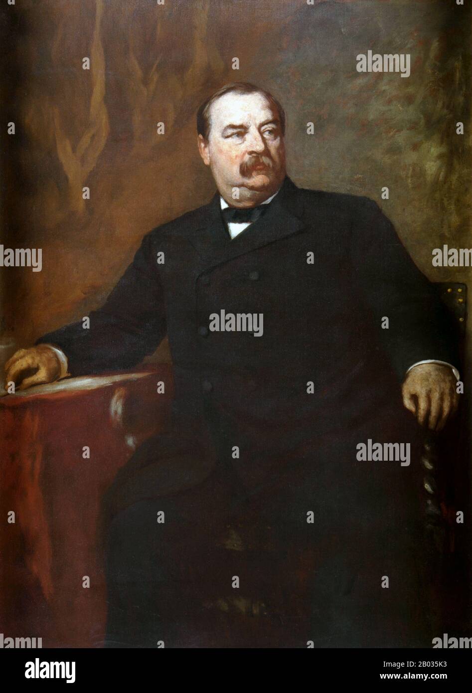 Stephen Grover Cleveland (March 18, 1837 – June 24, 1908) was an American politician and lawyer who served as the 22nd and 24th President of the United States. He won the popular vote for three presidential elections – in 1884, 1888, and 1892 – and was one of the three Democrats (with Andrew Johnson and Woodrow Wilson) to serve as president during the era of Republican political domination dating from 1861 to 1933.  He was also the first and only President in American history to serve two non-consecutive terms in office. Stock Photo