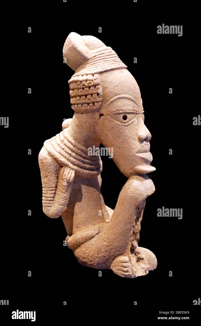 Nok culture appeared in Northern Nigeria around 1000 BCE and vanished under unknown circumstances around 300 CE in the region of West Africa. It is thought to have been the product of an ancestral nation that branched to create the Hausa, Gwari, Birom, Kanuri, Nupe and Jukun peoples.  The Nok social system is thought to have been highly advanced. Nok culture is considered to be one of the earliest African producers of life-sized Terracotta figures. Stock Photo