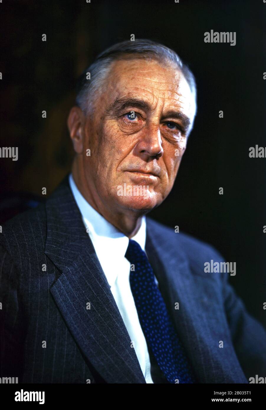 Franklin Delano Roosevelt served as the 32nd President of the United States, from 1933 to 1945. A Democrat, he won a record four presidential elections and dominated his party after 1932 as a central figure in world events during the mid-20th century, leading the United States during a time of worldwide economic depression and total war.  His program for relief, recovery and reform, known as the New Deal, involved a great expansion of the role of the federal government in the economy. As a dominant leader of the Democratic Party, he built the New Deal Coalition that brought together and united Stock Photo