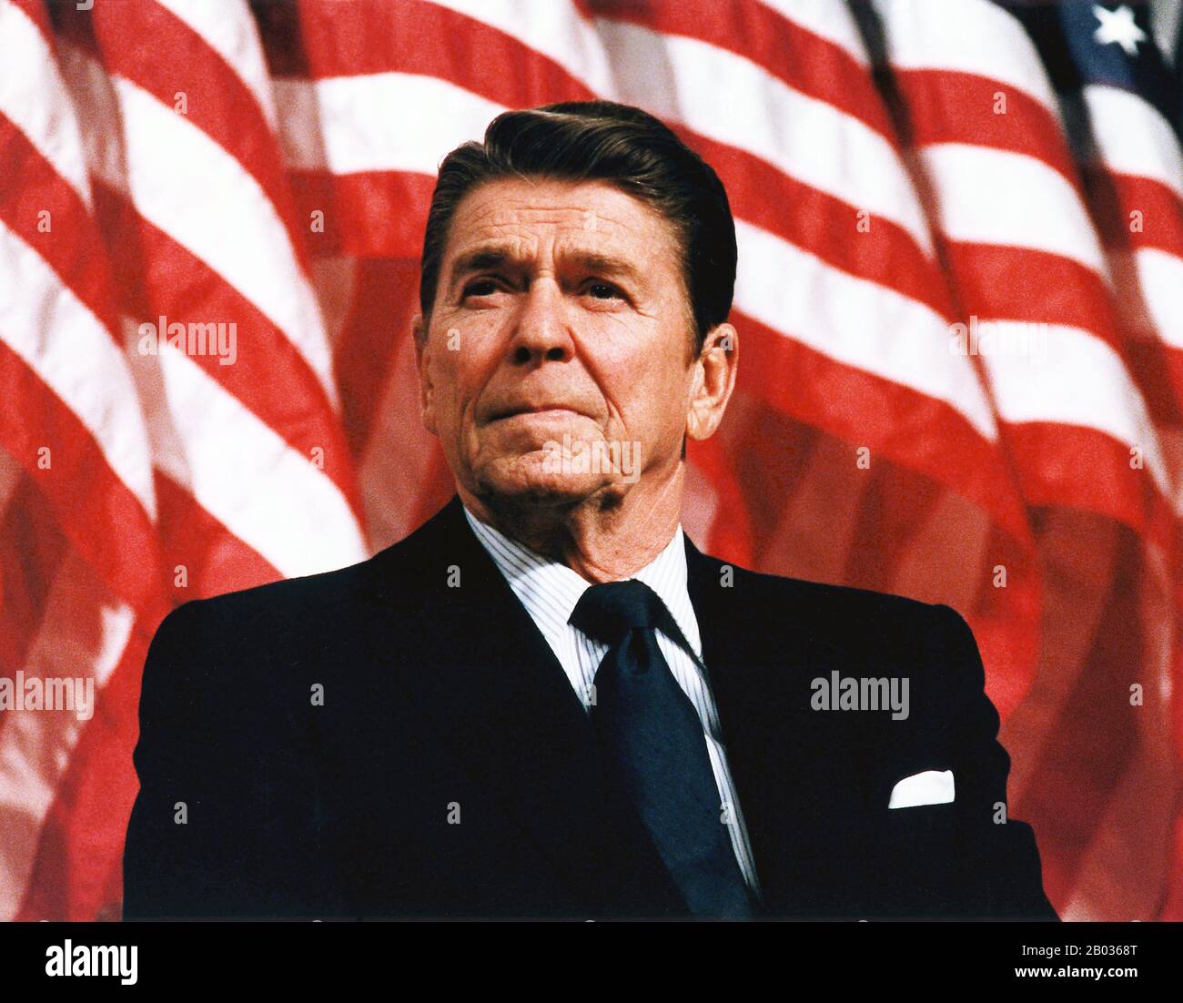 Ronald Wilson Reagan (February 6, 1911 – June 5, 2004, Republican) was an American politician and actor who was the 40th President of the United States, from 1981 to 1989.   Before his presidency, he was the 33rd Governor of California, from 1967 to 1975, after a career as a Hollywood actor and union leader. Stock Photo
