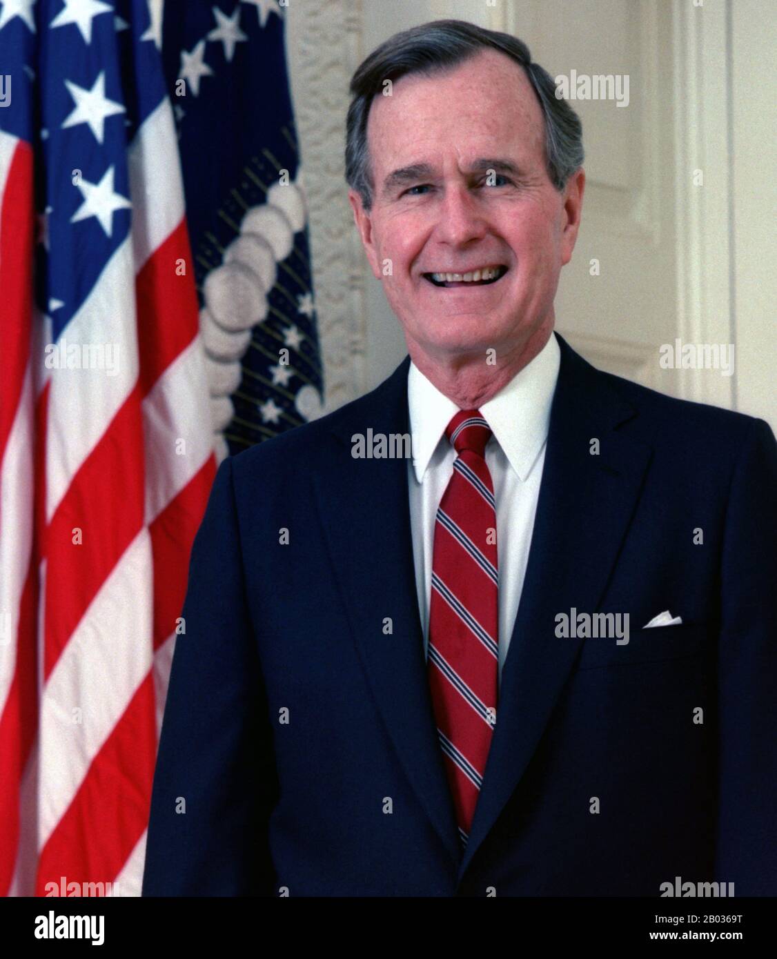 George Herbert Walker Bush (born June 12, 1924) is an American politician who was the 41st President of the United States from 1989 to 1993 and the 43rd Vice President of the United States from 1981 to 1989.  A member of the U.S. Republican Party, he was previously a congressman, ambassador, and Director of Central Intelligence. Stock Photo