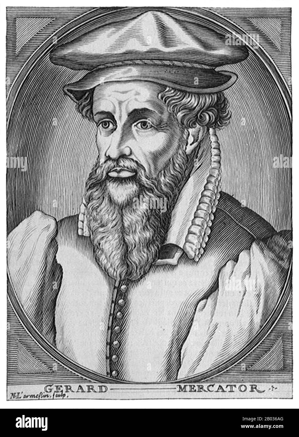 Gerardus Mercator, a Flemish German (5 March 1512 – 2 December 1594) was a cartographer renowned for creating a world map based on a new projection which represented sailing courses of constant bearing as straight lines—an innovation that is still employed in nautical charts used for navigation.  In his own day he was the world's most famous geographer but, in addition, he had interests in theology, philosophy, history, mathematics and magnetism as well as being an accomplished engraver, calligrapher and maker of globes and scientific instruments. Stock Photo
