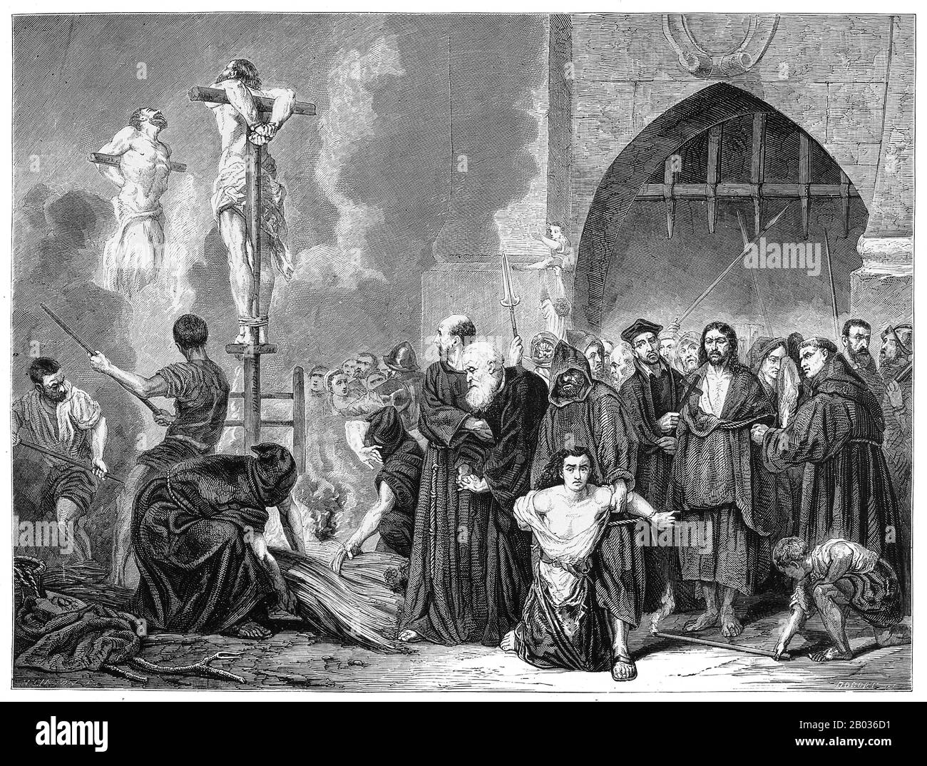The Tribunal of the Holy Office of the Inquisition (Spanish: Tribunal del Santo Oficio de la Inquisicion), commonly known as the Spanish Inquisition (Inquisicion espanola), was established in 1478 by Catholic Monarchs Ferdinand II of Aragon and Isabella I of Castile.  The Inquisition was originally intended primarily to ensure the orthodoxy of those who converted from Judaism and Islam. The regulation of the faith of the newly converted was intensified after the royal decrees issued in 1492 and 1502 ordering Jews and Muslims to convert or leave Spain.  The Inquisition was not definitively abol Stock Photo