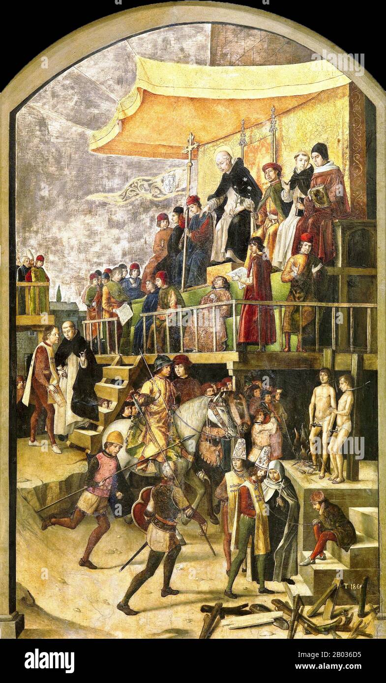 The Tribunal of the Holy Office of the Inquisition (Spanish: Tribunal del Santo Oficio de la Inquisicion), commonly known as the Spanish Inquisition (Inquisicion espanola), was established in 1478 by Catholic Monarchs Ferdinand II of Aragon and Isabella I of Castile.  The Inquisition was originally intended primarily to ensure the orthodoxy of those who converted from Judaism and Islam. The regulation of the faith of the newly converted was intensified after the royal decrees issued in 1492 and 1502 ordering Jews and Muslims to convert or leave Spain.  The Inquisition was not definitively abol Stock Photo