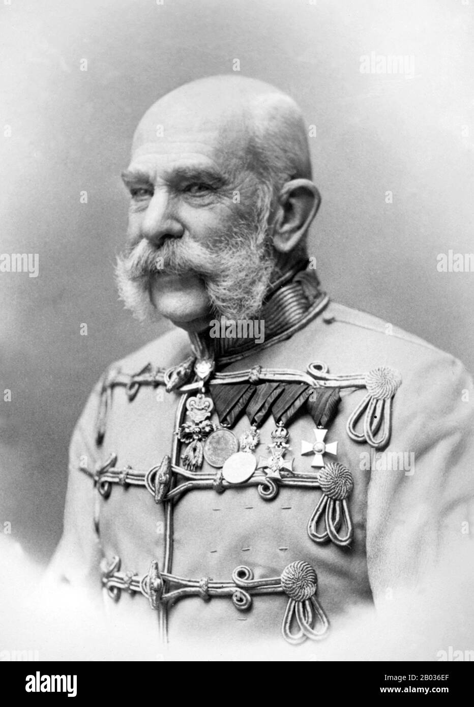 Franz Joseph I or Francis Joseph I (German: Franz Joseph I., Hungarian: I. Ferenc Jozsef, Croatian: Franjo Josip I, Czech: Frantisek Josef I, Italian: Francesco Giuseppe; 18 August 1830 – 21 November 1916) was Emperor of Austria and King of Hungary, Croatia and Bohemia from 2 December 1848 until his death on 21 November 1916.  From 1 May 1850 to 24 August 1866 he was also President of the German Confederation. He was the longest-reigning Emperor of Austria and King of Hungary, as well as the third longest-reigning monarch of any country in European history, after Louis XIV of France and Johann Stock Photo