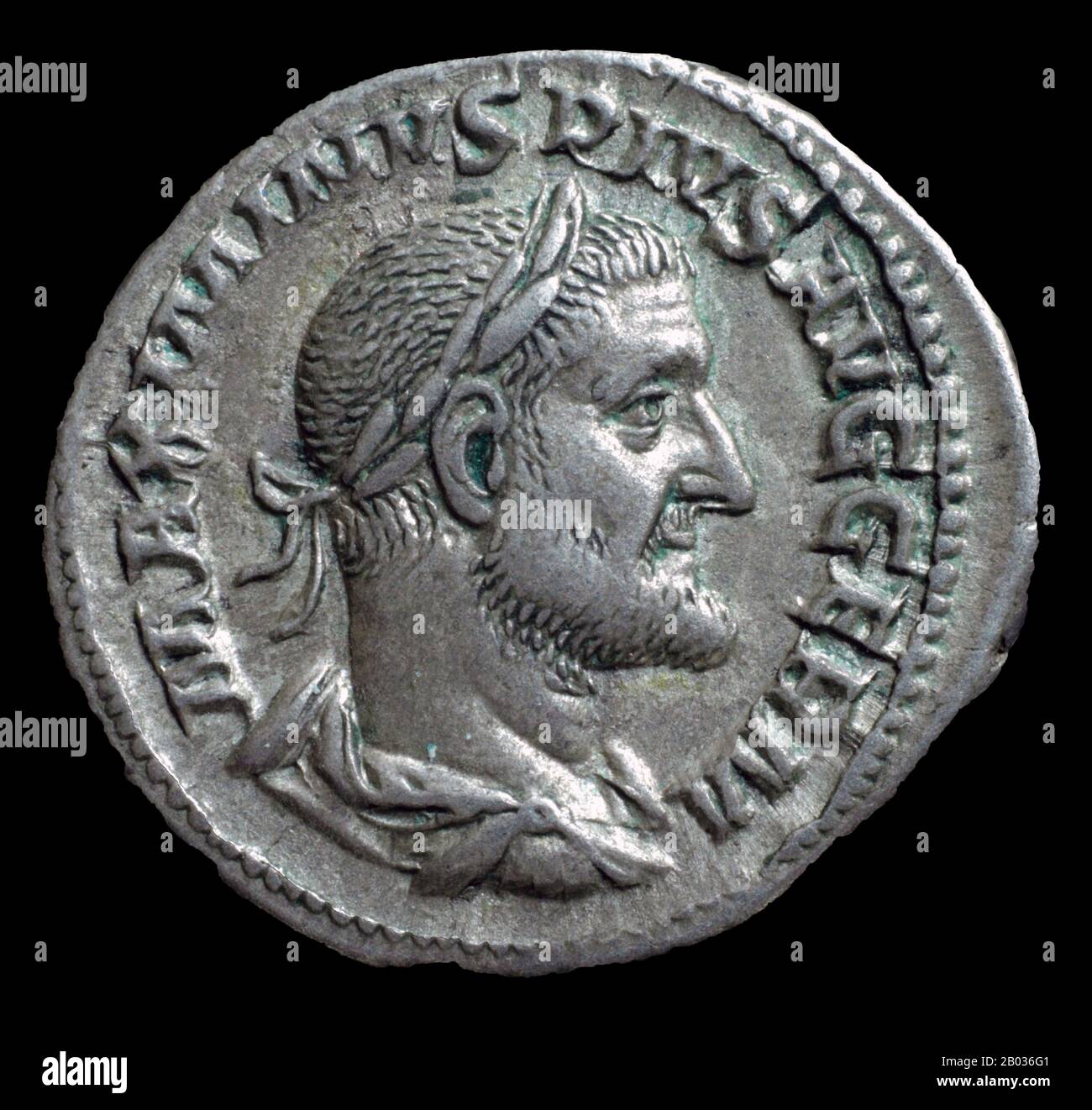 Of Thraco-Roman origin, Maximinus Thrax (173-238 CE) was a child of low birth, and was seen by the Senate as a barbarian and not a true Roman, despite Caracalla's Antonine Constitution granting citizenship to all freeborn citizens of the Empire. A career soldier, Maximinus rose through the ranks until he commanded a legion himself. He was one of the soldiers who were angered by Emperor Severus Alexander's payments to the Germanic tribes for peace, and plotted with them to assasinate the emperor in 235 CE.  The Praetorian Guard declared Maximinus emperor after the act, a choice that was only gr Stock Photo
