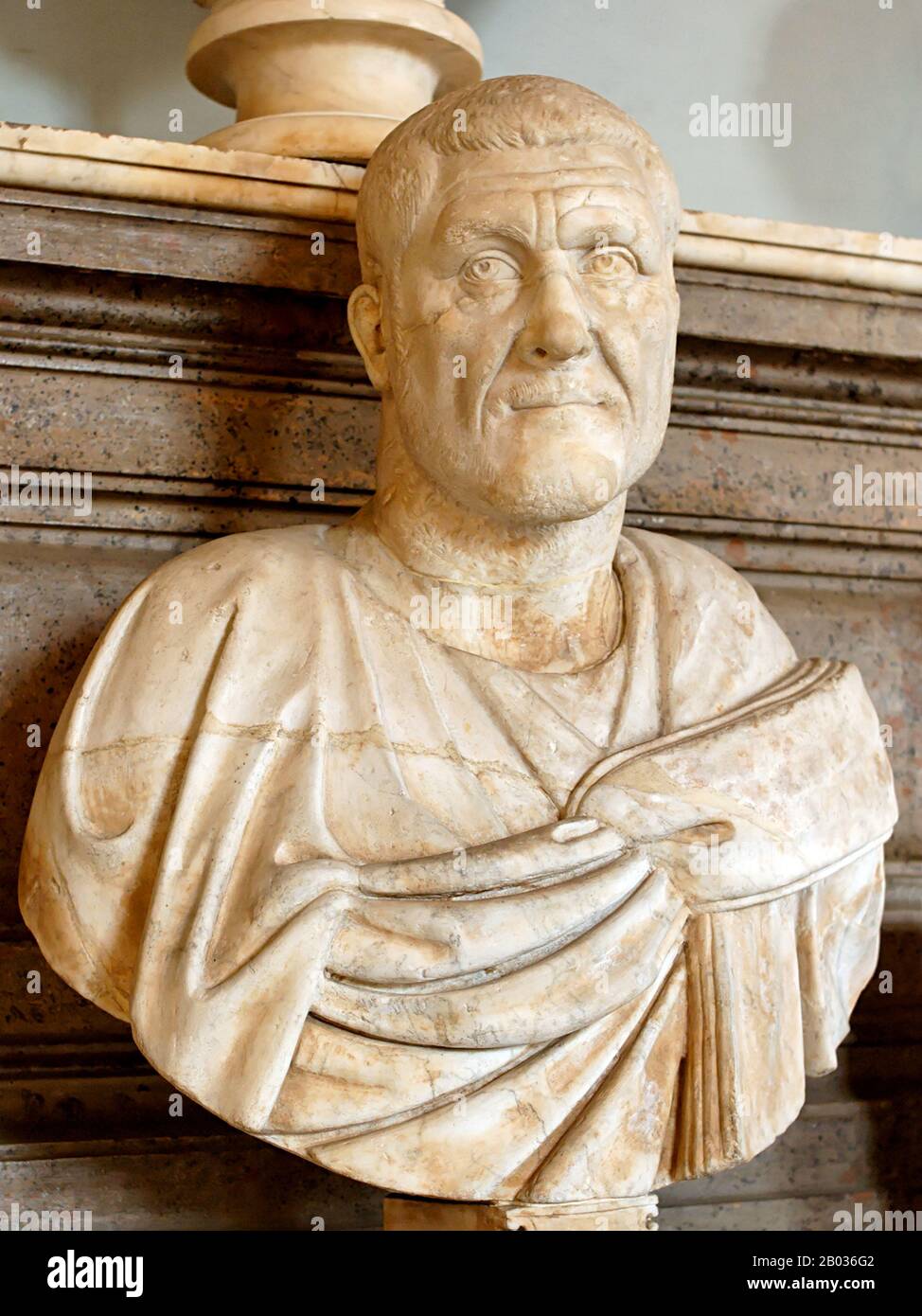 Of Thraco-Roman origin, Maximinus Thrax (173-238 CE) was a child of low birth, and was seen by the Senate as a barbarian and not a true Roman, despite Caracalla's Antonine Constitution granting citizenship to all freeborn citizens of the Empire. A career soldier, Maximinus rose through the ranks until he commanded a legion himself. He was one of the soldiers who were angered by Emperor Severus Alexander's payments to the Germanic tribes for peace, and plotted with them to assasinate the emperor in 235 CE.  The Praetorian Guard declared Maximinus emperor after the act, a choice that was only gr Stock Photo