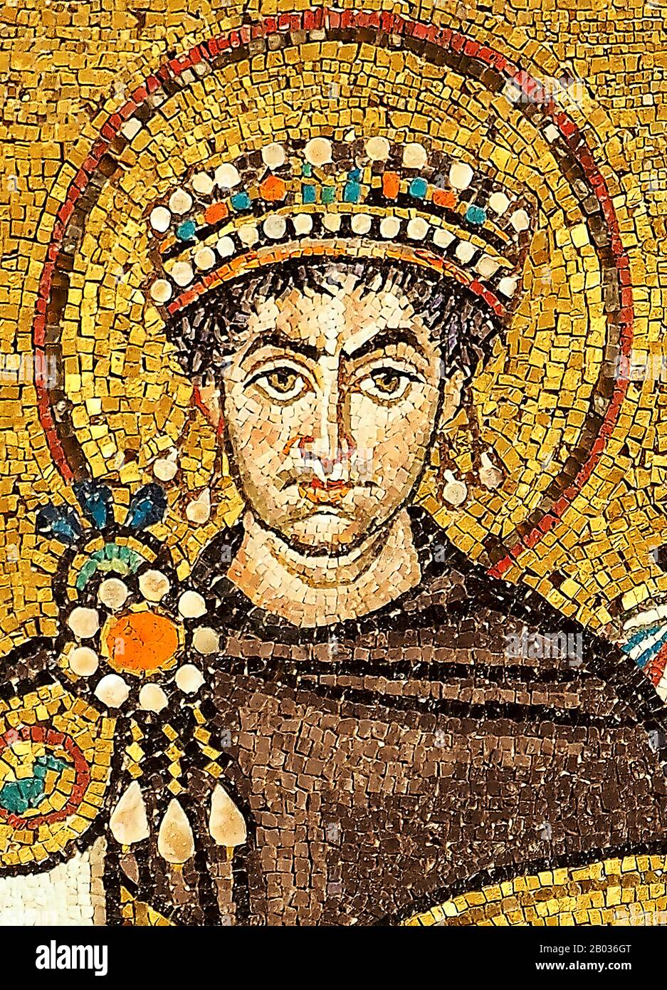 Justinian I (c. 482 – 14 November 565), traditionally known as Justinian the Great and also Saint Justinian the Great in the Eastern Orthodox Church, was Byzantine (Eastern Roman) emperor from 527 to 565.  During his reign, Justinian sought to revive the empire's greatness and reconquer the lost western half of the historical Roman Empire. His rule constitutes a distinct epoch in the history of the Later Roman empire, and his reign is marked by the ambitious but only partly realized restoration of the empire. Stock Photo