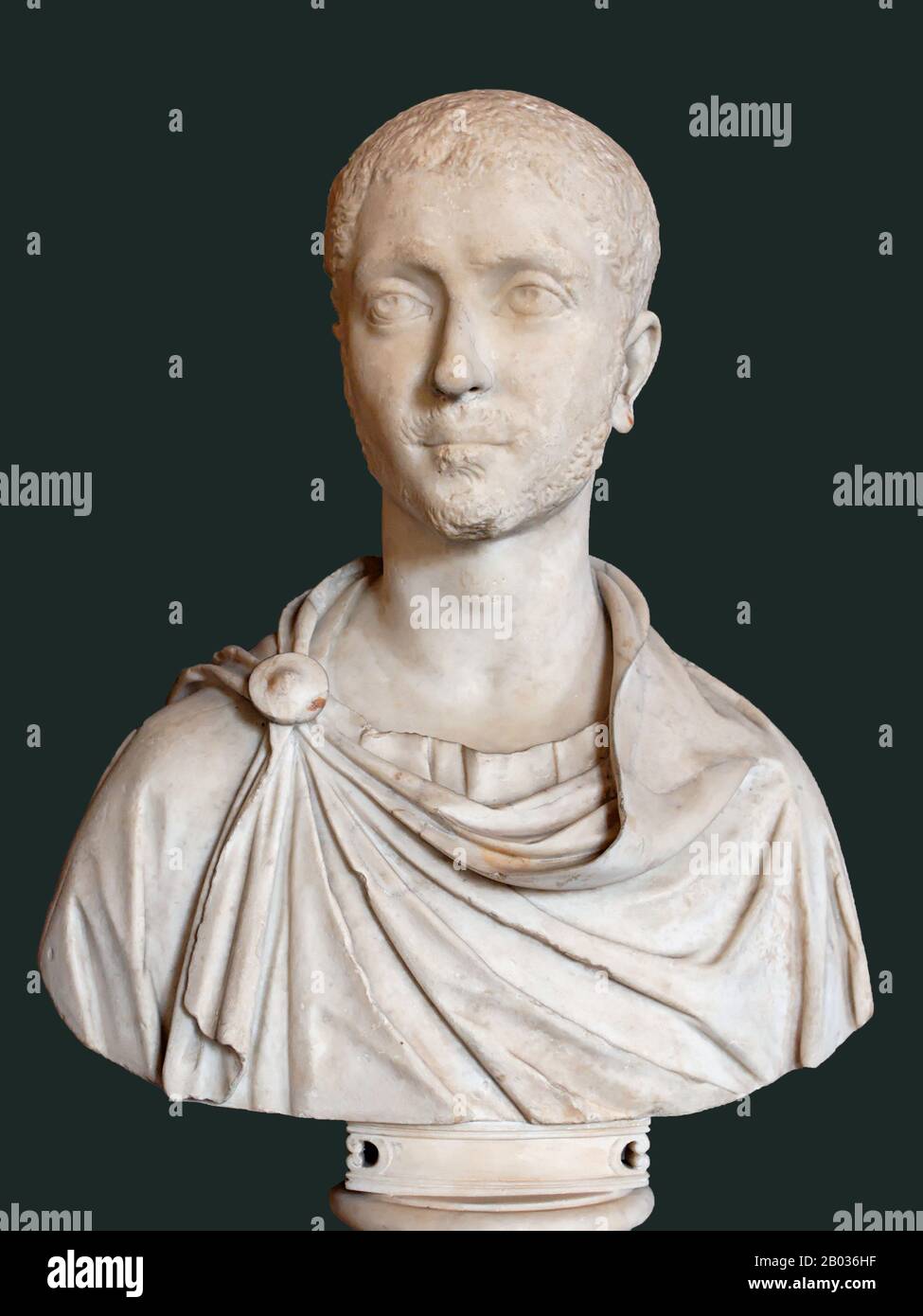 Severus Alexander (208-235 CE) was cousin to Emperor Elagabalus, and his heir apparent. When Elagabalus was assassinated in 222 CE, the fourteen-year-old became emperor, under the auspice of his grandmother Julia Maesa, who had arranged for Alexander's accession just as she had done with Elagabalus before him.  Alexander quickly did much to correct the domestic troubles Elagabalus had caused, cleaning up the image of the imperial throne and improving the morals and dignity of the state. His reign was considered prosperous, but militarily, the Empire was faced against the rising threat of the S Stock Photo