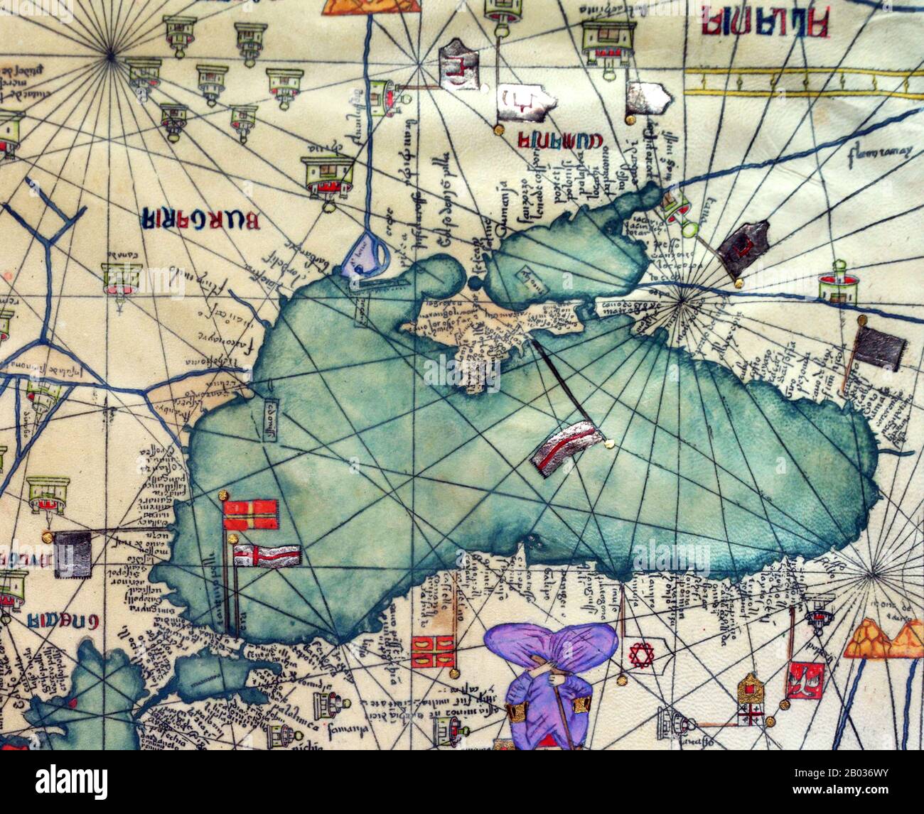 The Catalan Atlas (1375) is the most important Catalan map of the medieval period. It was produced by the Majorcan cartographic school and is attributed to Cresques Abraham, a Jewish book illuminator who was self-described as being a master of the maps of the world as well as compasses. It has been in the royal library of France (now the Bibliotheque nationale de France) since the late 14th century. Stock Photo
