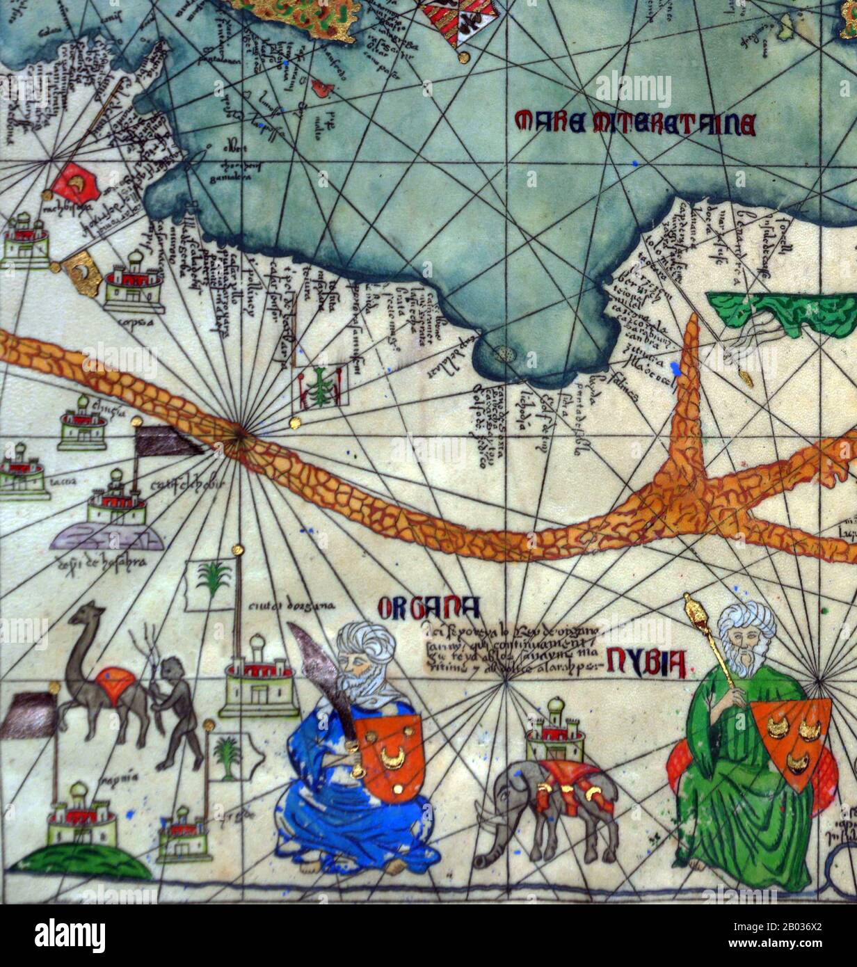 The Catalan Atlas (1375) is the most important Catalan map of the medieval period. It was produced by the Majorcan cartographic school and is attributed to Cresques Abraham, a Jewish book illuminator who was self-described as being a master of the maps of the world as well as compasses. It has been in the royal library of France (now the Bibliotheque nationale de France) since the late 14th century. Stock Photo