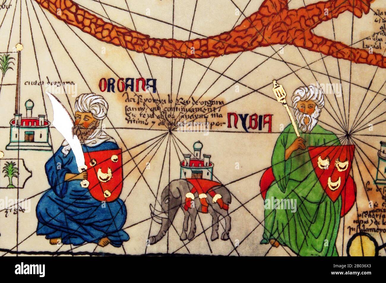 The Catalan Atlas (1375) is the most important Catalan map of the medieval period. It was produced by the Majorcan cartographic school and is attributed to Cresques Abraham, a Jewish book illuminator who was self-described as being a master of the maps of the world as well as compasses. It has been in the royal library of France (now the Bibliotheque nationale de France) since the late 14th century. Stock Photo