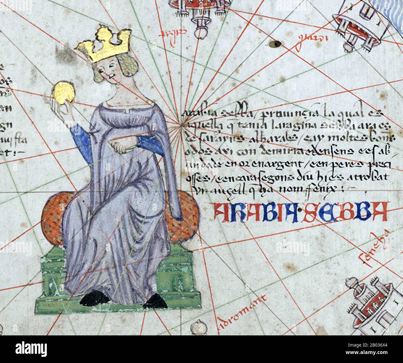 The Catalan Atlas (1375) is the most important Catalan map of the medieval period. It was produced by the Majorcan cartographic school and is attributed to Cresques Abraham, a Jewish book illuminator who was self-described as being a master of the maps of the world as well as compasses. It has been in the royal library of France (now the Bibliotheque nationale de France) since the late 14th century. Stock Photo