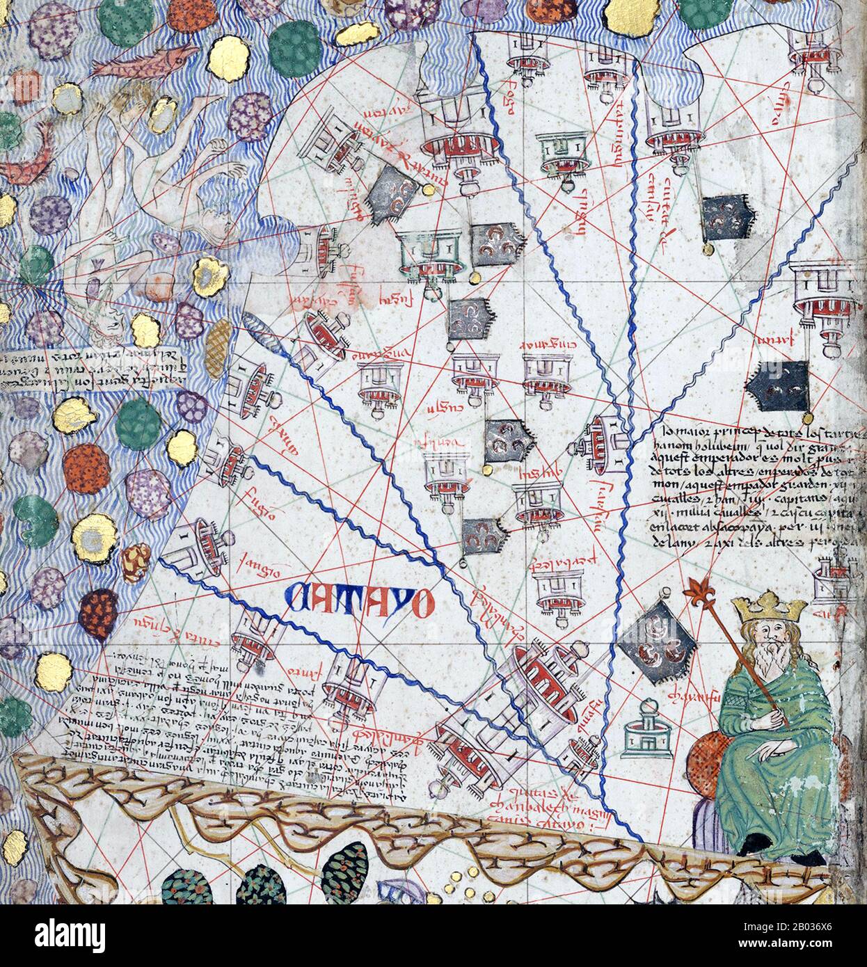 The Catalan Atlas (1375) is the most important Catalan map of the medieval period. It was produced by the Majorcan cartographic school and is attributed to Cresques Abraham, a Jewish book illuminator who was self-described as being a master of the maps of the world as well as compasses. It has been in the royal library of France (now the Bibliotheque nationale de France) since the late 14th century. Stock Photo