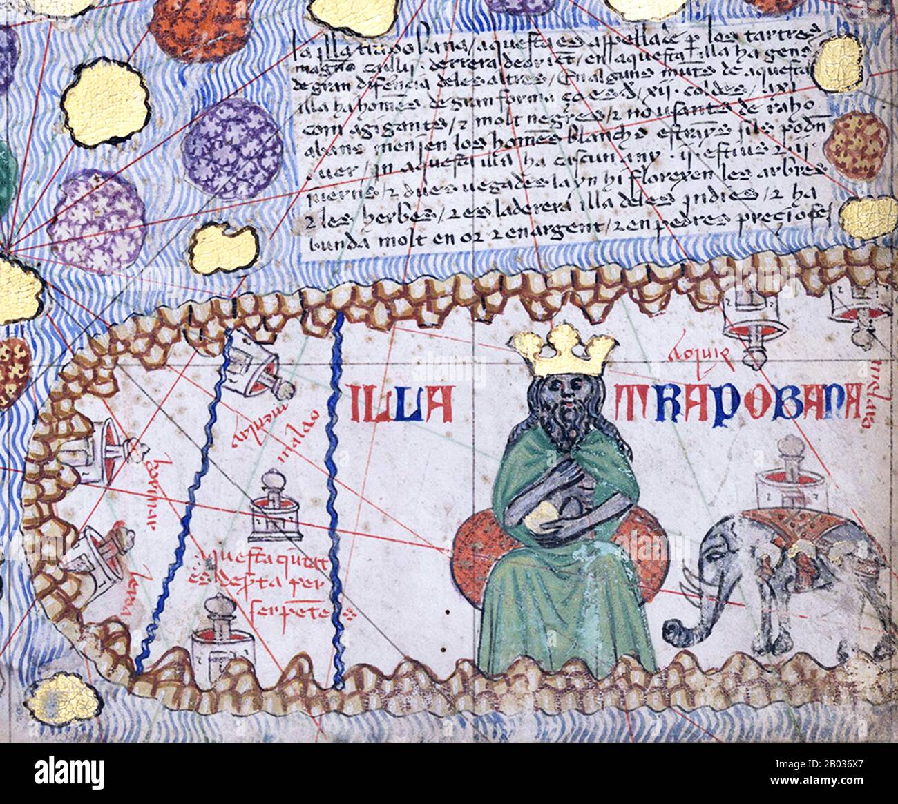 The Catalan Atlas (1375) is the most important Catalan map of the medieval period. It was produced by the Majorcan cartographic school and is attributed to Cresques Abraham, a Jewish book illuminator who was self-described as being a master of the maps of the world as well as compasses. It has been in the royal library of France (now the Bibliotheque nationale de France) since the late 14th century. Stock Photo