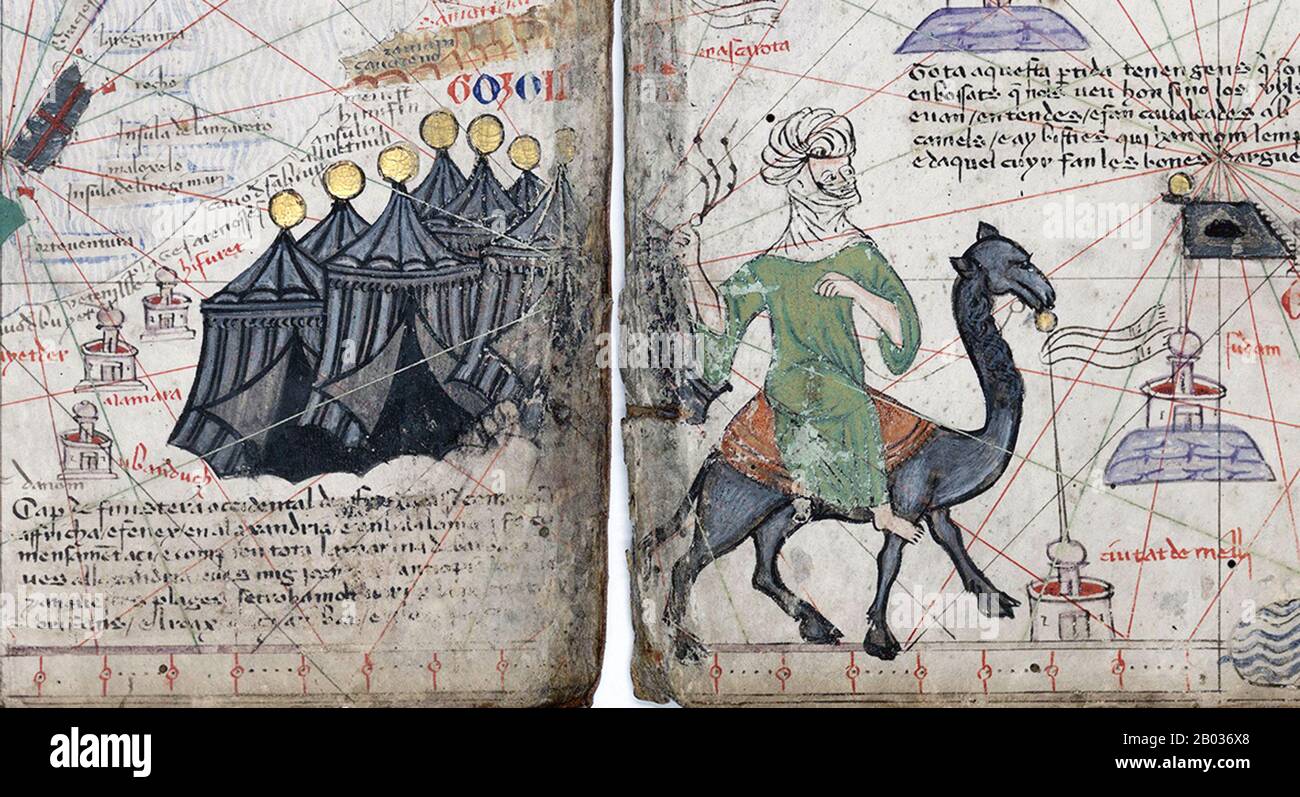 The Catalan Atlas (1375) is the most important Catalan map of the medieval period. It was produced by the Majorcan cartographic school and is attributed to Cresques Abraham, a Jewish book illuminator who was self-described as being a master of the maps of the world as well as compasses. It has been in the royal library of France (now the Bibliotheque nationale de France) since the late 14th century. Stock Photo