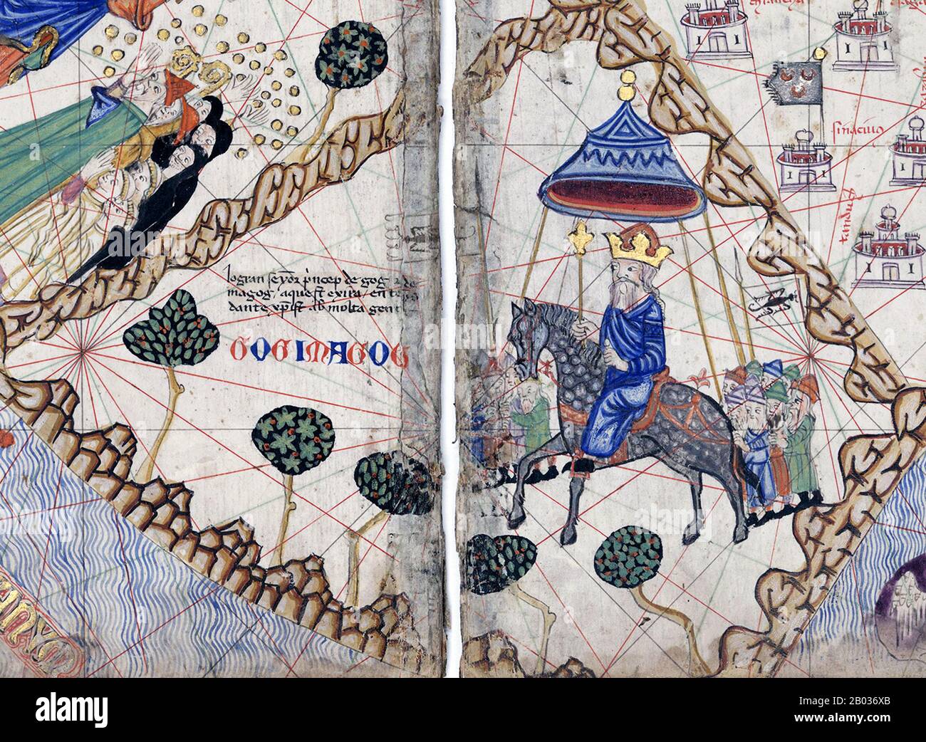 The Catalan Atlas (1375) is the most important Catalan map of the medieval period. It was produced by the Majorcan cartographic school and is attributed to Cresques Abraham, a Jewish book illuminator who was self-described as being a master of the maps of the world as well as compasses. It has been in the royal library of France (now the Bibliotheque nationale de France) since the late 14th century. The 1st century Jewish historian Josephus identified the Gog and Magog people as Scythians, horse-riding barbarians from around the Don and the Sea of Azov. Josephus recounts the tradition that Go Stock Photo