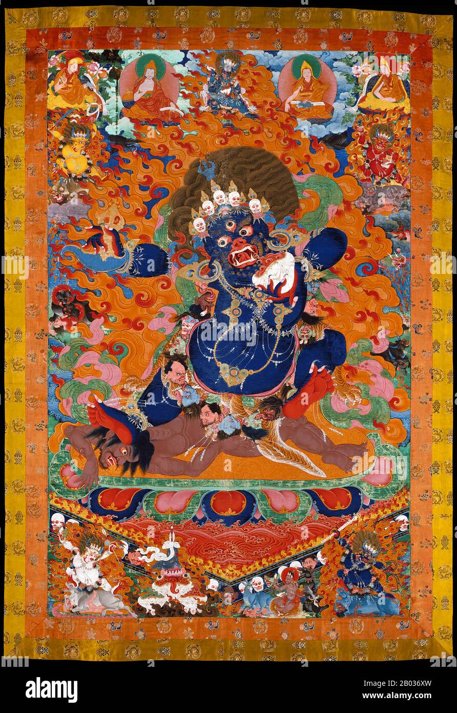 In East Asian mythology, Yama is a dharmapala (wrathful god) and King of Hell. It is his duty to judge the dead and rule over the various hells and purgatories, presiding over the cycle of samsara (cyclic, circuitous change). Yama has spread from being a Hindu god to finding roles in Buddhism as well as in Chinese, Korean and Japanese mythology.  Yama's role in Theravada Buddhism is vague and not well defined, though he is still a caretaker of hell and the dead. He judges those who die to determine if they are to be reborn to earth, to the heavens or to the hells. Sometimes there are more than Stock Photo