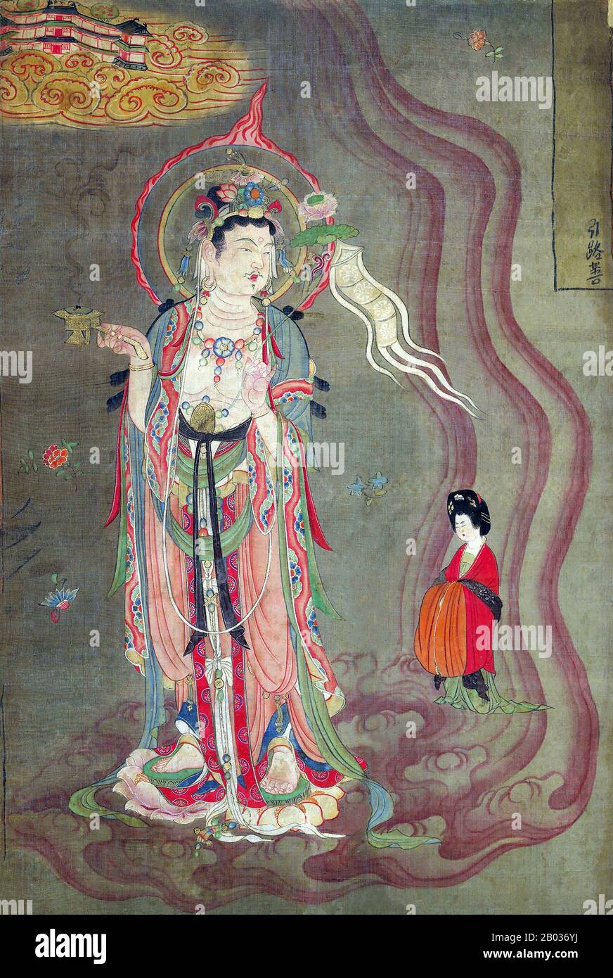 Guanyin, short for Guanshiyin, is a bodhisattva in Mahayana Buddhism often associated with compassion and mercy. While she is often portrayed as a woman, she is beyond gender and can be depicted as both male and female.  Guanyin is often referred to as the 'most widely beloved Buddhist Divinity', due to her miraculous powers and her loving compassion. She is not only worshipped in Buddhism, but also in Taoism and Chinese folk religion, with various stories and legends about her. Guanyin plays a very important role in the classic Chinese novel 'Journey to the West.'  She is known by various nam Stock Photo