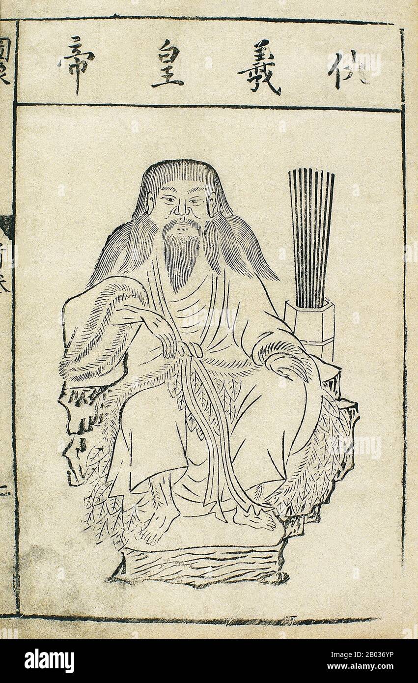 Fuxi, alongside his wife/sister Nuwa, was an important deity in Chinese mythology and folk religion. Like his sister, he is often depicted with serpentine qualities, sometimes with the upper body of a man and the lower body of a snake or just a human head on a snake's body. He is counted as the first of the Three Sovereigns at the beginning of the Chinese dynastic period.  After Pangu created the universe and the world, he birthed a powerful being known as Hua Hsu, who in turn birthed the twins Fuxi and Nuwa. They were said to be the 'original humans', and together they forged humanity out of Stock Photo