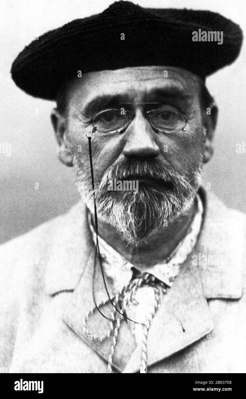 Emile Edouard Charles Antoine Zola (2 April 1840 – 29 September 1902) was a French novelist, playwright, journalist, the best-known practitioner of the literary school of naturalism, and an important contributor to the development of theatrical naturalism.  He was a major figure in the political liberalization of France and in the exoneration of the falsely accused and convicted army officer Alfred Dreyfus, which is encapsulated in the renowned newspaper headline J'accuse. Zola was nominated for the first and second Nobel Prize in Literature in 1901 and 1902. Stock Photo