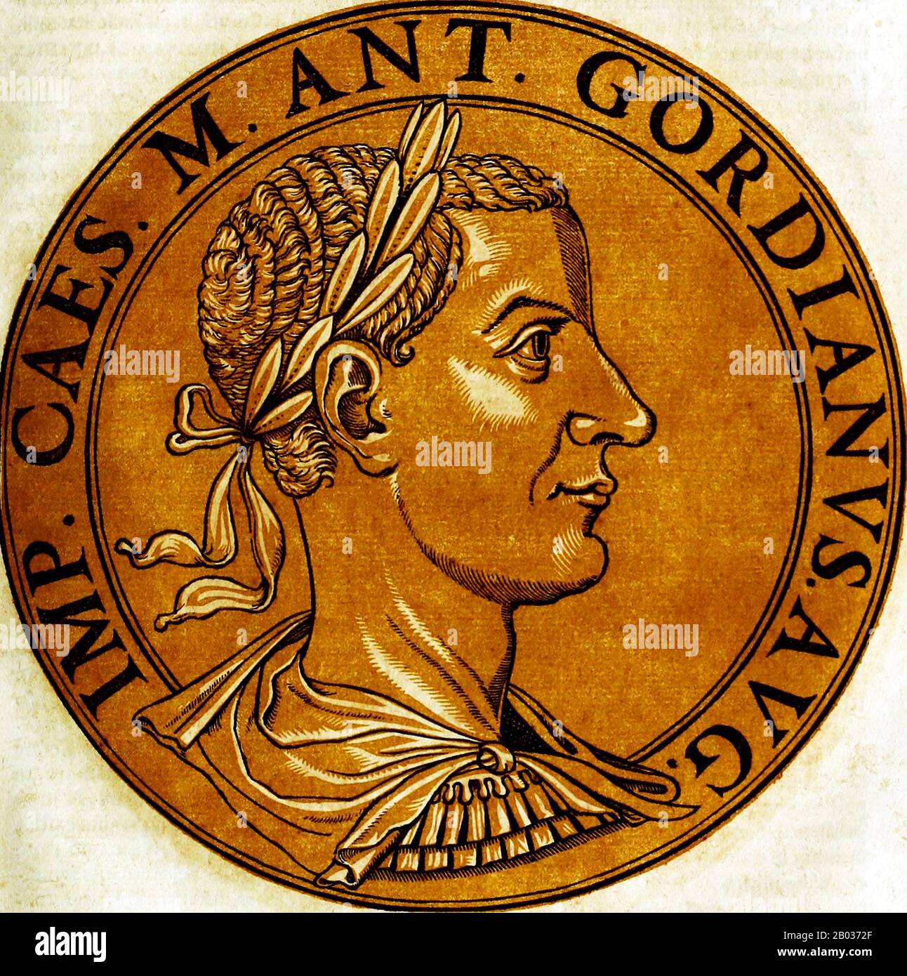 Gordian III (224-244) was the grandson of Emperor Gordian I and nephew of Emperor Gordian II. There is little known about his early life, but soon after the deaths of Gordian I and Gordian II in 238, Gordian III was renamed Marcus Antonius Gordianus, as his grandfather, and became imperial heir.  When current co-emperors Pupienus and Balbinus were executed by the Praetorian Guard months after their accession, Gordian became emperor at the age of 13, the youngest sole legal Roman emperor throughout the existence of the unified Roman Empire. Due to his age, the ruling of Rome was actually done b Stock Photo