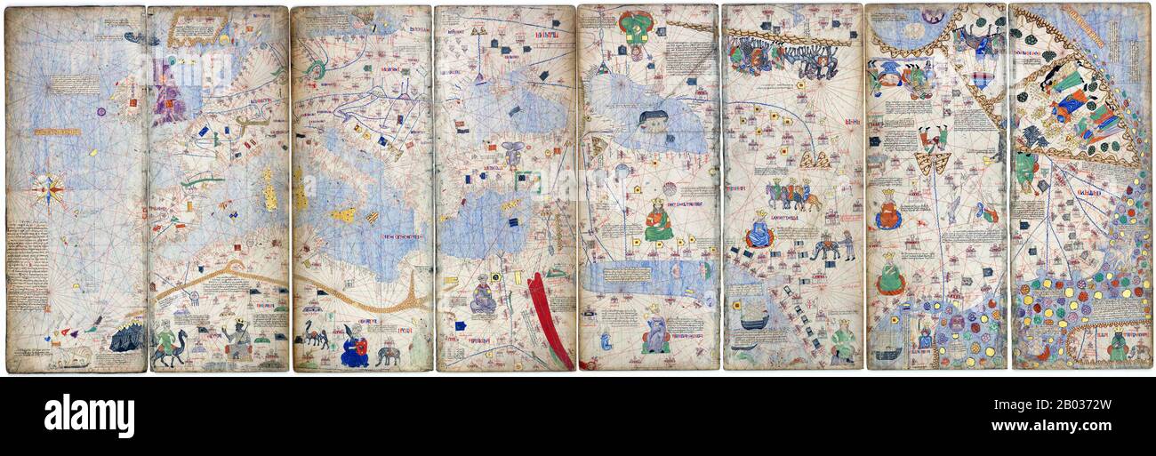 The Catalan Atlas (1375) is the most important Catalan map of the medieval period. It was produced by the Majorcan cartographic school and is attributed to Cresques Abraham, a Jewish book illuminator who was self-described as being a master of the maps of the world as well as compasses. It has been in the royal library of France (now the Bibliotheque nationale de France) since the late 14th century. Stock Photo