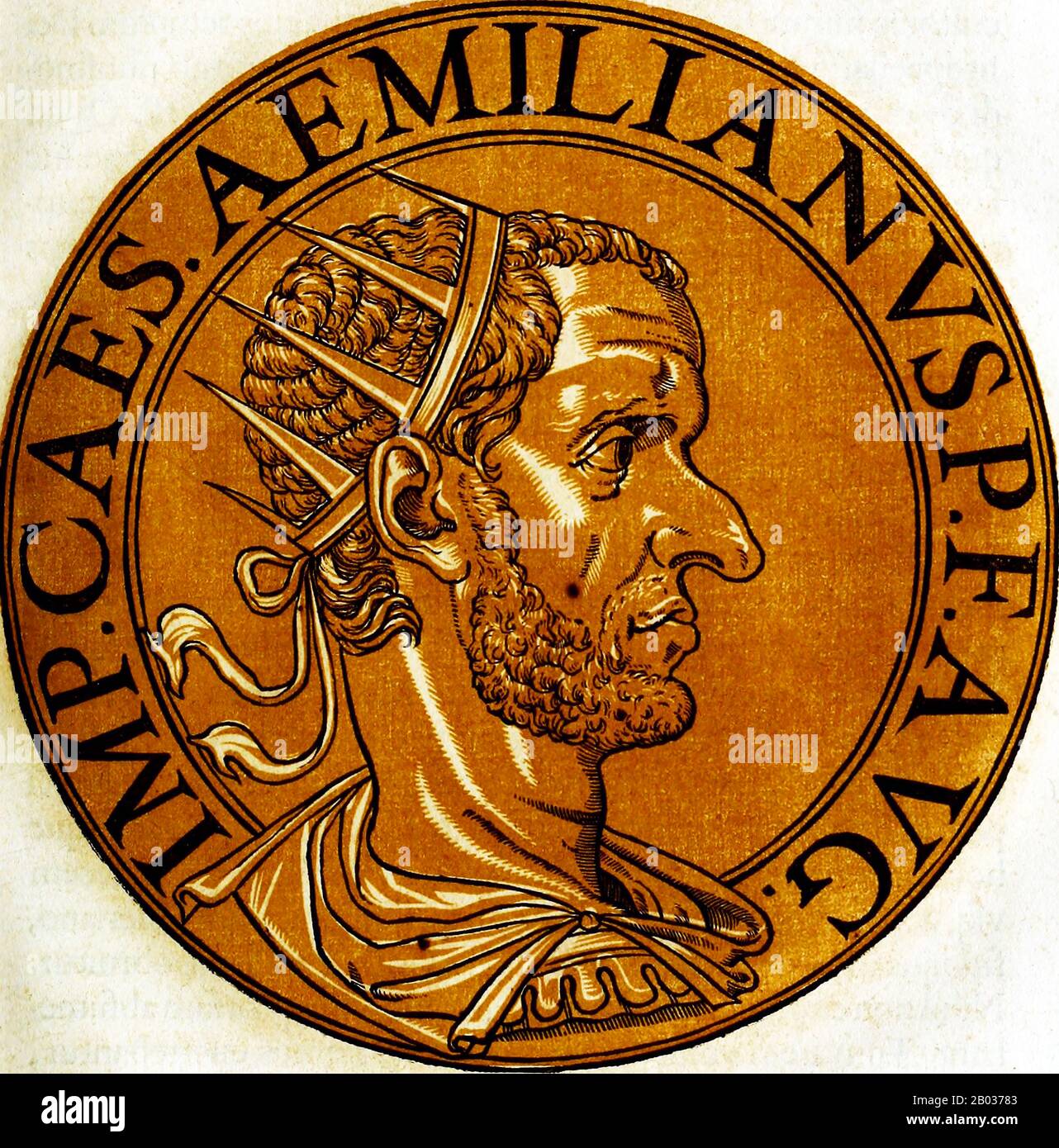 Aemilianus (207/213-253), also known as Aemilian, was commander and governor of the Roman provinces in the Balkans. During the reign of Trebonianus Gallus and his son Volusianus, Aemilian fought a resurgent Goth invasion in the Balkans, and was proclaimed Emperor by his own soldiers for his victories. He immediately marched towards Rome to usurp Gallus and Volusianus, defeating them in battle and ascending to the imperial throne  However, less than three months into his reign, a rival claimant to the throne, Valerian, marched towards Rome. Aemilian's soldiers, not wishing to fight a civil war Stock Photo