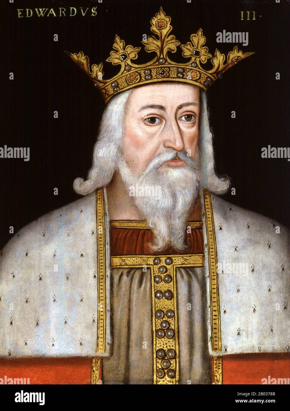 Edward III (13 November 1312 – 21 June 1377) was King of England from 25 January 1327 until his death; he is noted for his military success and for restoring royal authority after the disastrous and unorthodox reign of his father, Edward II. Edward III transformed the Kingdom of England into one of the most formidable military powers in Europe.  His long reign of fifty years was the second longest in medieval England and saw vital developments in legislation and government—in particular the evolution of the English parliament—as well as the ravages of the Black Death. Stock Photo