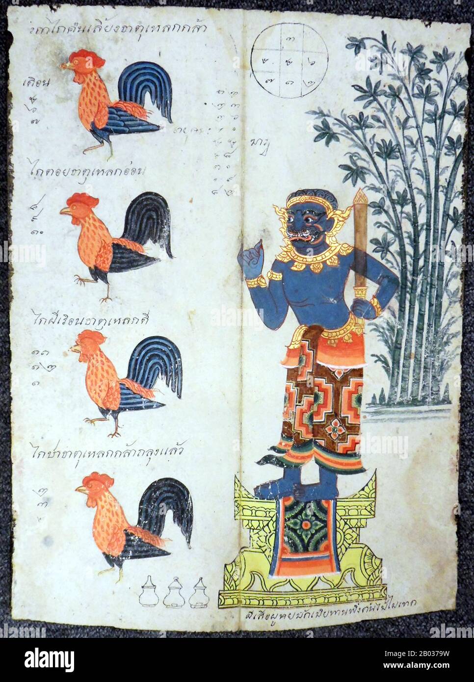 Four roosters, each representing one quarter of the year, with a male yaksa as 'avatar' of the birthplace with a unique waist cloth, a plant and a number diagram determining the lucky and unlucky numbers for people born in the year of the rooster.  This manuscript was rescued from a burning temple in Rangoon. Phrommachāt, 19th century. British Library, Or.12167, f.21 Stock Photo