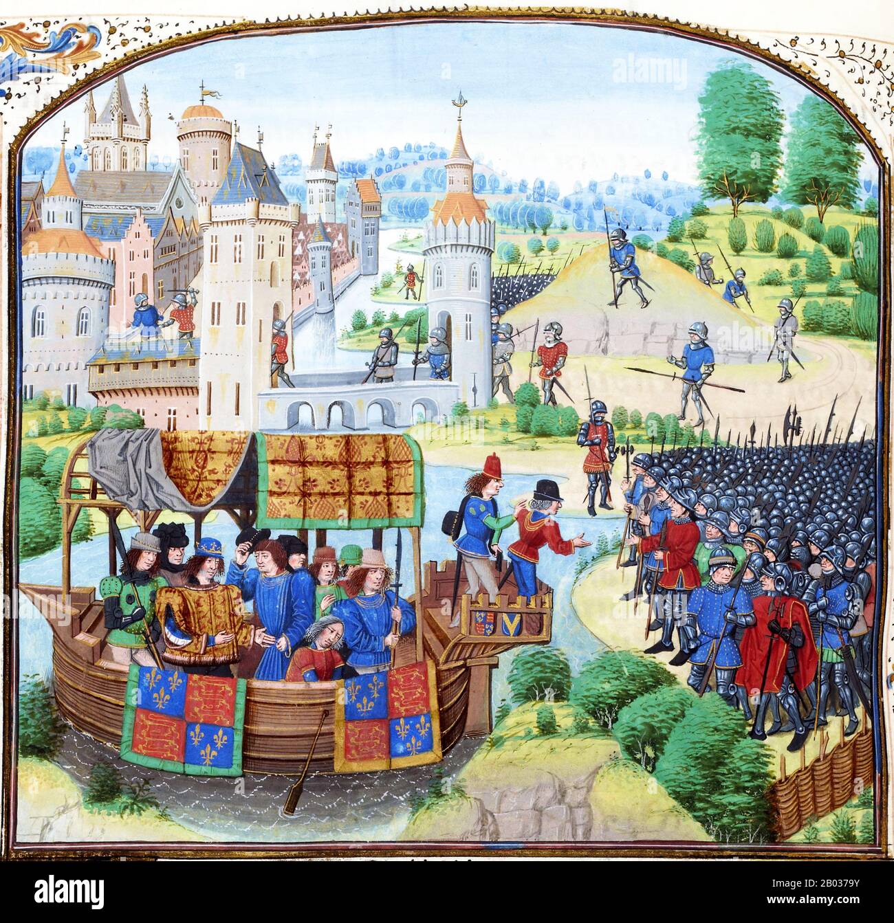 The Peasants' Revolt, also called Wat Tyler's Rebellion or the Great Rising, was a major uprising across large parts of England in 1381. The revolt had various causes, including the socio-economic and political tensions generated by the Black Death in the 1340s, the high taxes resulting from the conflict with France during the Hundred Years' War, and instability within the local leadership of London. The final trigger for the revolt was the intervention of a royal official, John Bampton, in Essex on 30 May 1381. His attempts to collect unpaid poll taxes in Brentwood ended in a violent confront Stock Photo