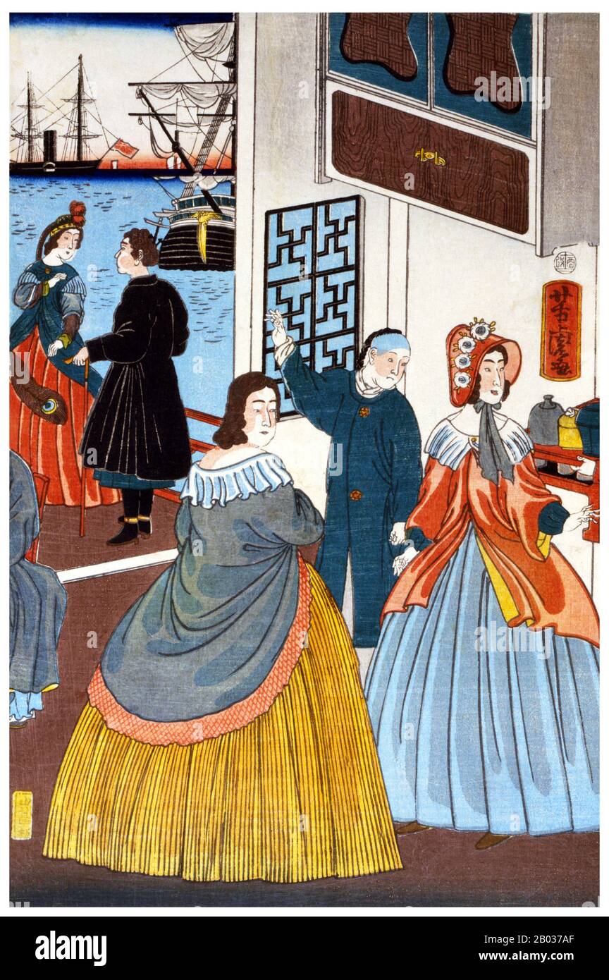 Japanese triptych print shows the interior of a foreign settlement house with several women and men enjoying a tea party, and a view of ships in the harbor in the background, Yokohama, Japan.  Utagawa Yoshitora was a designer of ukiyo-e Japanese woodblock prints and an illustrator of books and newspapers who was active from about 1850 to about 1880. He was born in Edo (modern Tokyo), but neither his date of birth nor date of death is known. He was the oldest pupil of Utagawa Kuniyoshi who excelled in prints of warriors, kabuki actors, beautiful women, and foreigners (Yokohama-e). Stock Photo