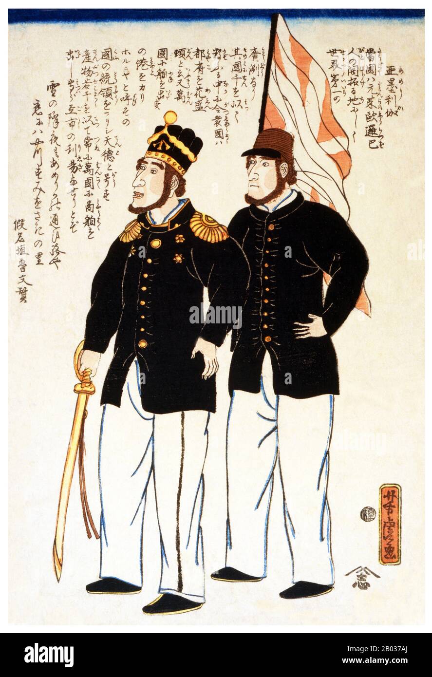 Japanese woodblock print showing two American sailors; the Japanese woodblock print showing two American sailors; the