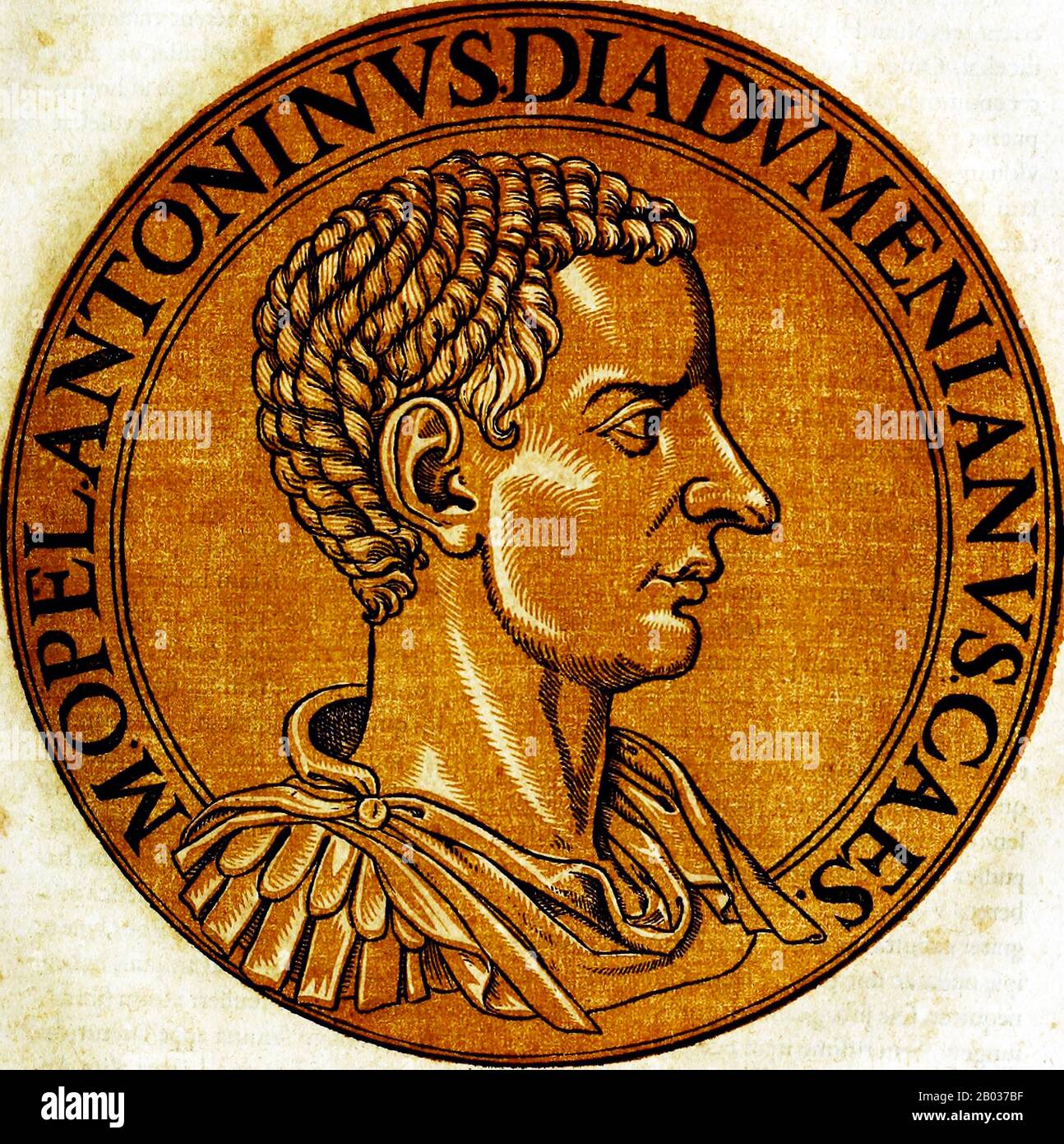 Diadumenian (208-218) was the son of Emperor Macrinus, and was so named due to being born with a caul that formed a 'diadem'. He was said to have shared his birthday with that of beloved Emperor Antoninus Pius. He at first served his father briefly as Caesar, before being elevated to Augustus and co-emperor in 218.  Unfortunately, the ten-year-old co-emperor had little time to enjoy his position or learn from it as the Syrian legions revolted and proclaimed Elagabus as emperor. When Macrinus was defeated and executed in June of 218, Diadumenian's death soon followed. Stock Photo