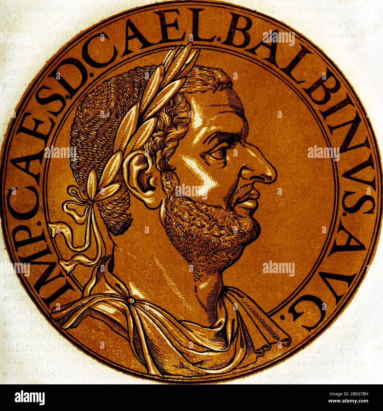 Balbinus (178-238), like his eventual co-emperor Pupienus, was a senator and politican of the Roman Empire. There is little known information about Balbinus before his ascenion to joint emperor, but what is known is that he had served as consul twice, and may have governed multiple provinces.  After the Senate recognised the Gordians as co-emperors in 238 in defiance of current Emperor Maximinus Thrax, Balbinus was appointed to a committee alongside Pupienus to try and coordinate operations agaisnt Maximinus until the Gordians could arrive in Rome. The Gordians died less than a month after the Stock Photo