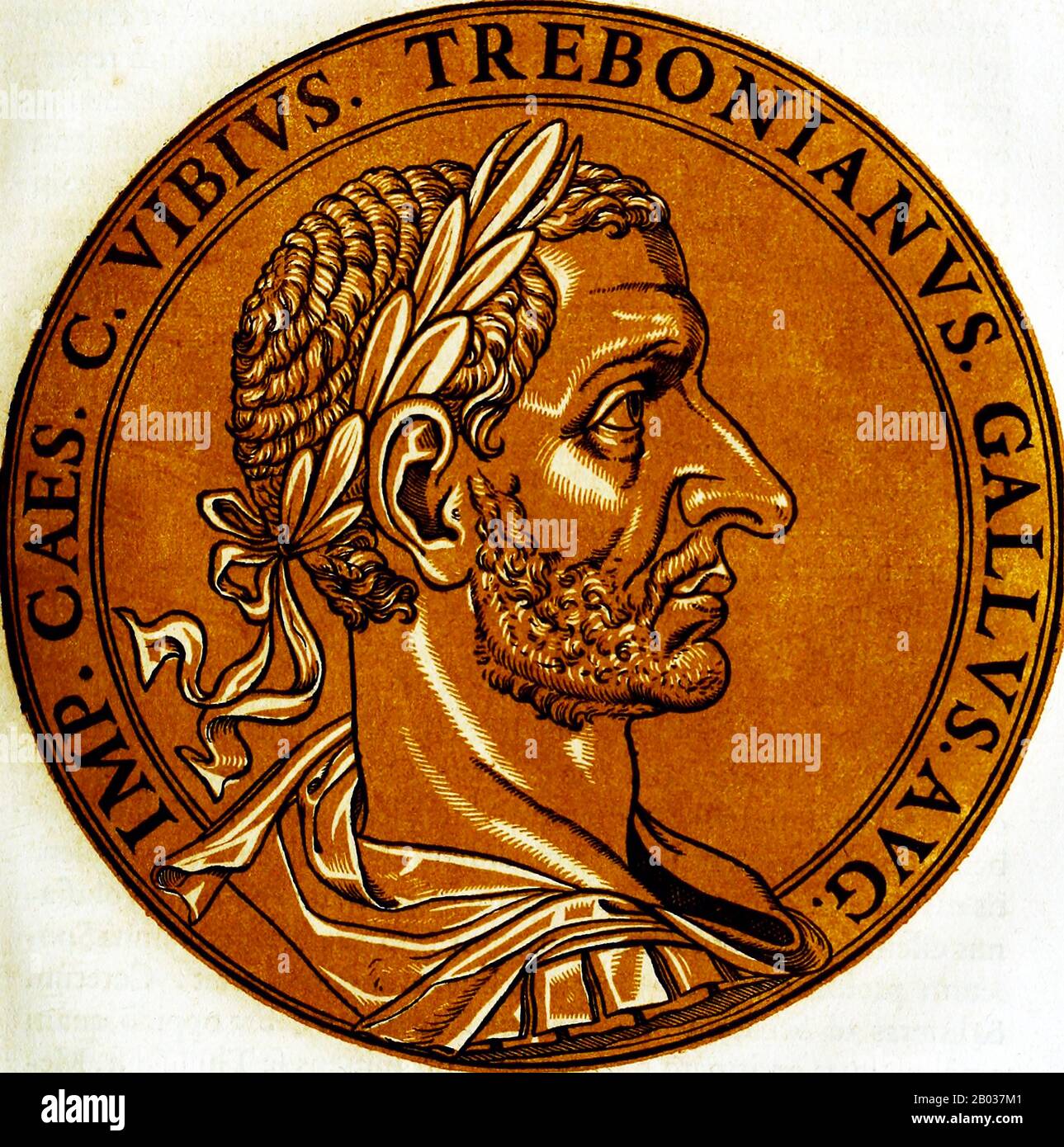 Trebonianus Gallus (206-253) was a respected politician and general in the Roman Empire, and rose to power after the deaths of co-Emperors Trajan Decius and his son Herennius Etruscus during the Battle of Abrittus in 251. Some rumours claim that Gallus had had a hand in the deaths of Decius and his son, having conspired with the Goth invaders.  His soldiers proclaimed Gallus emperor, but Decius' other son Hostilian had been acknowledged by the people of Rome as rightful heir. Not wishing to start another civil war, Gallus acquiesced to the will of the Roman people and adopted Hostilian as his Stock Photo