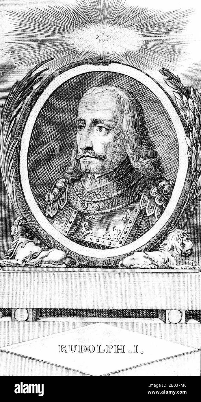 Rudolf I (1218-1291), also kown as Rudolf of Habsburg, was the son of Count Albert IV of Habsburg, and became count after his father's death in 1239. His godfather was Emperor Frederick II, to whom he paid frequent court visits. Rudolf ended the Great Interregnum that had engulfed the Holy Roman Empire after the death of Frederick when he was elected as King of Germany in 1273.  Rudolf secured the recognition of the Pope by promising to launch a new crusade and renouncing all imperial rights to Rome, the papal territories and Sicily. His main opponent was King Ottokar II of Bohemia, who had re Stock Photo