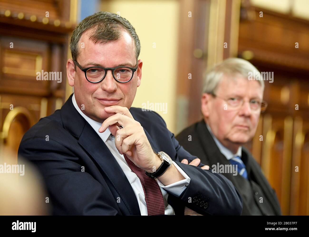 Berlin, Germany. 18th Feb, 2020. Gerald Haug (l), climate researcher, and Jörg Hacker, President Leopoldina, inform about the transfer of office of the National Academy of Sciences Leopoldina. Haug is to become the new president of the scientific-medical scholarly society. Credit: Britta Pedersen/dpa-Zentralbild/dpa/Alamy Live News Stock Photo