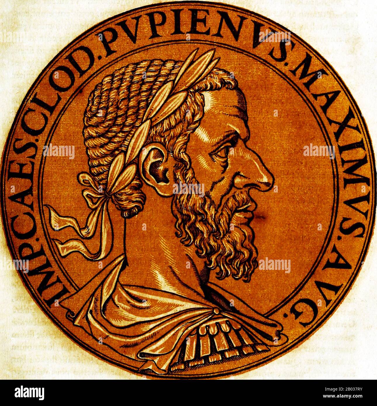 Pupienus (165/170-238), also known as Pupienus Maximus, was a senator in the Roman Senate who had risen to power and influence through military success under the rule of the Severan dynasty. He served two terms as Consul, and became an important member of the Senate.  When Gordian I and his son were proclaimed Emperors in 238, the Senate immediately recognised them in defiance of Emperor Maximinus Thrax. Pupienus, an elderly man by then, was put on a committee to coordinate efforts to thwart Maximinus until the Gordians could arrive in Rome. The Gordians died less than a month after their decl Stock Photo