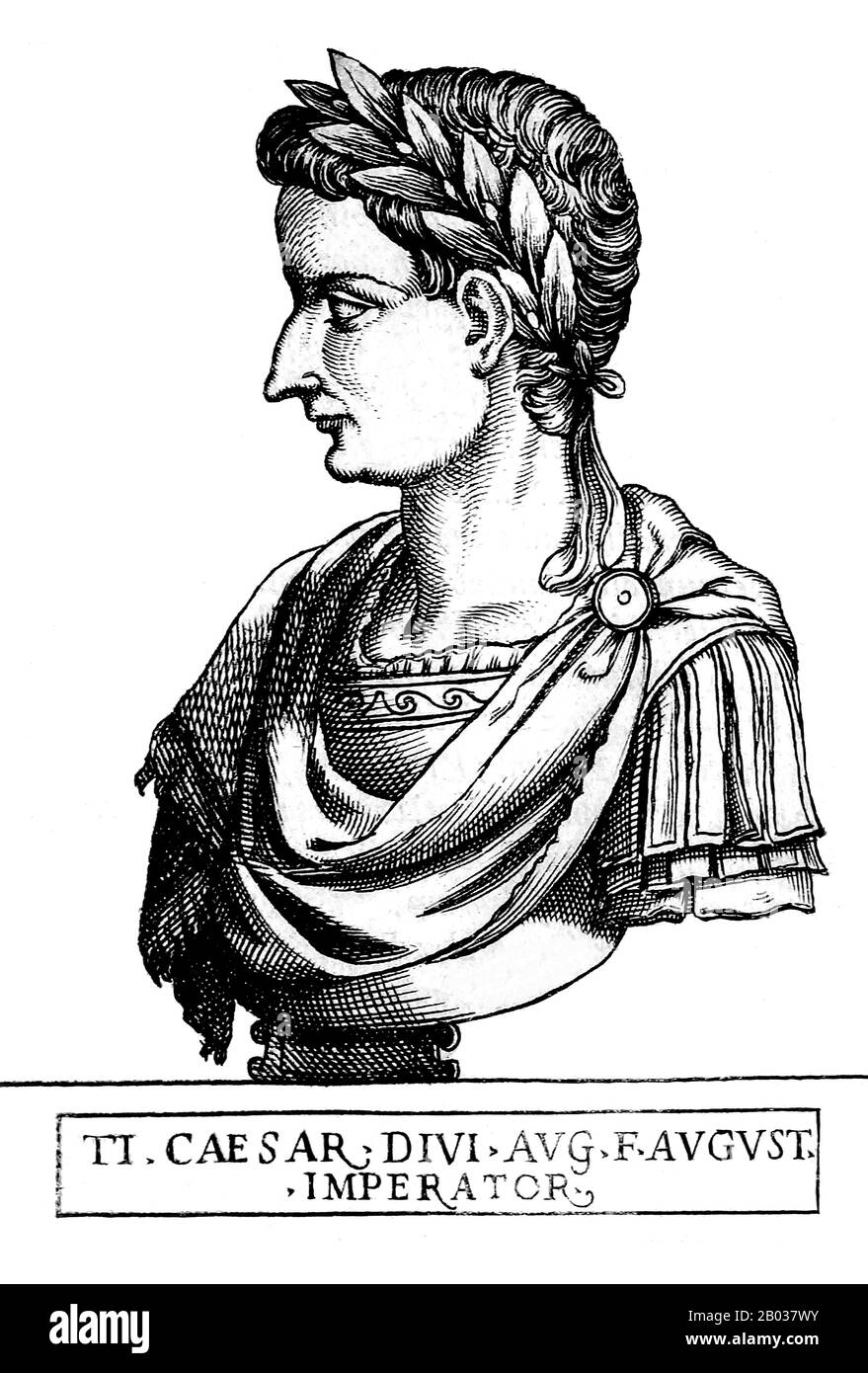 Born Tiberius Claudius Nero, son of Tiberius Claudius Nero and Livia Drusilla, he became step-son of Octavian (later to become Augustus, first emperor of Rome) after his mother was forced to divorce Nero and marry him.  Tiberius would eventually marry Augustus' daughter from his previous marriage, Julia the Elder, and later be adopted by Augustus, officially becoming a Julian, bearing the name Tiberius Julius Caesar.  In relations to the other emperors of this dynasty, Tiberius was the stepson of Augustus, grand-uncle of Caligula, paternal uncle of Claudius, and great-grand uncle of Nero.  Tib Stock Photo