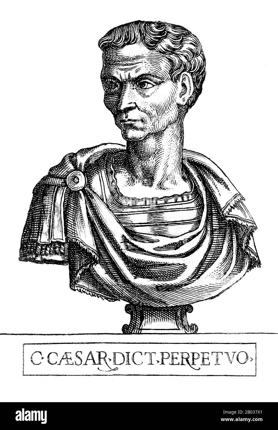 Born Gaius Julius Caesar (100-44 BCE), Julius Caesar was one the most infamous figures in history. A Roman politican, general and author, he played a critical role in the fall of the Roman Republic and paved the way for the rise of the Roman Empire. His political alliance alongside Crassus and Pompey, first formed in 60 BCE, would dominate Roman politics for many years. His victories in the Gallic Wars extended the Republic's territories all the way to the English Channel and the Rhine, and he became the first Roman general to build a bridge across the Rhine, as well as starting the invasion o Stock Photo