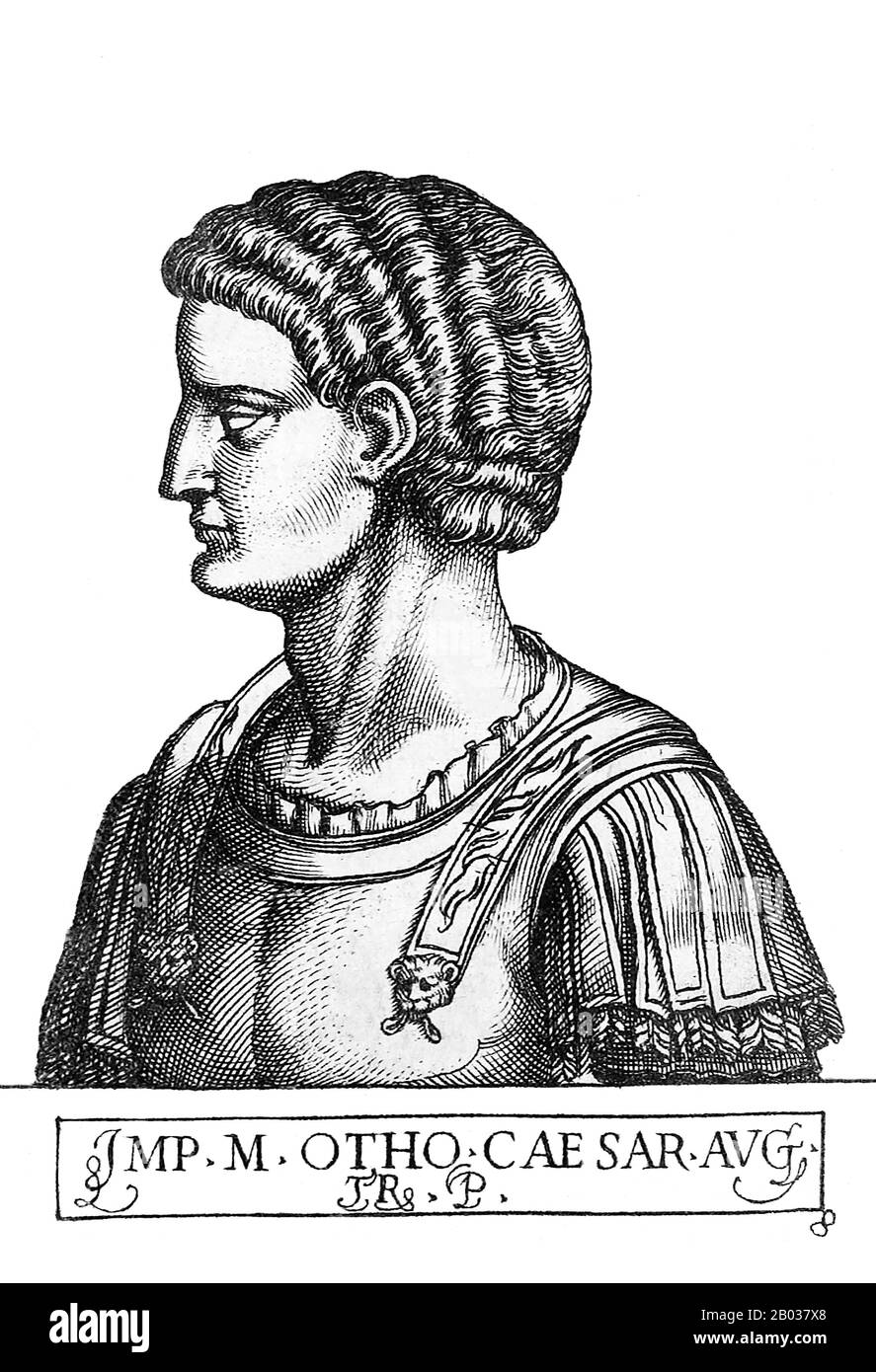 Born to a noble and ancient Etruscan lineage, Otho was one of the young nobles of Nero's court, said to be overly extravagant and reckless. His close friendship with Nero crumbled when his wife began an affair with the emperor and eventually divorced Otho, having Nero send Otho away to govern the distant province of Lusitania, where he would remain for ten years.  Otho followed Galba in his revolt against Nero, but his own personal ambitions led him to betray and overthrow Emperor Galba, purchasing the services of the Praetorian Guard and killing Galba. Otho was declared emperor, but his reign Stock Photo